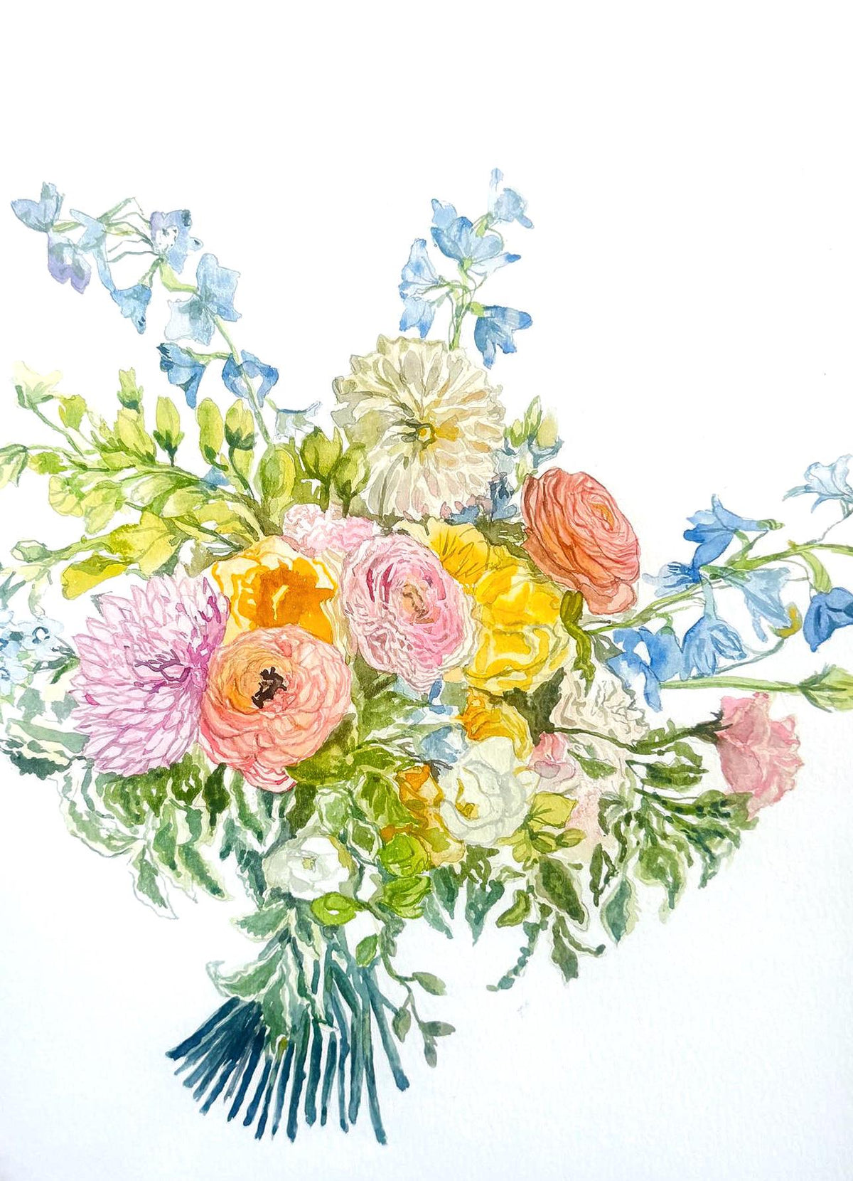 Custom wedding bouquet painting in watercolour: peach ranunculus, yellow roses, pink dahlia and blue delphinium Main image