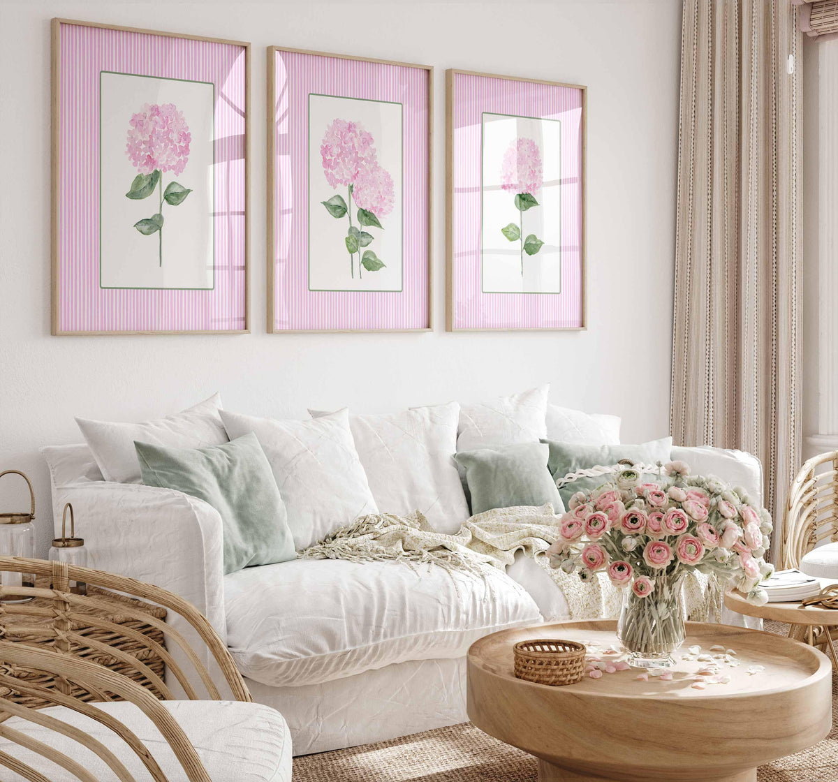 Pink Stripes Coastal Decor, Set of 3 hydrangeas, Trendy Grand millennial Wall Art, Watercolour Floral Living room artwork, baby Girl Nursery Main image