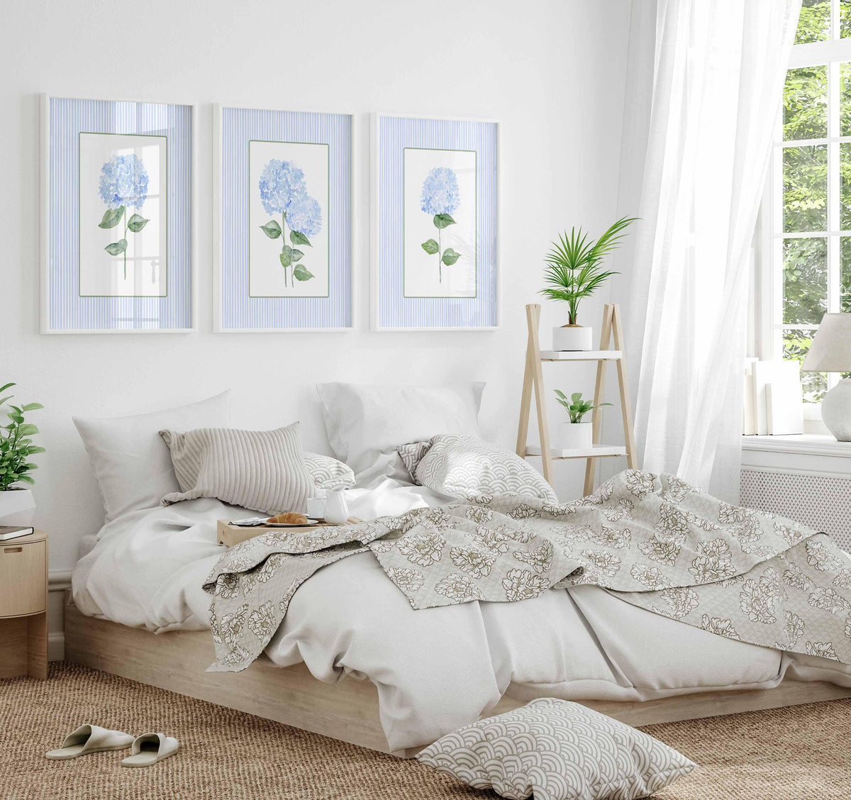Blue Hydrangea Print, Set of 3 hydrangeas, Stripes Coastal Decor, Trendy Grand millennial Wall Art, Watercolour Floral Living room Painting