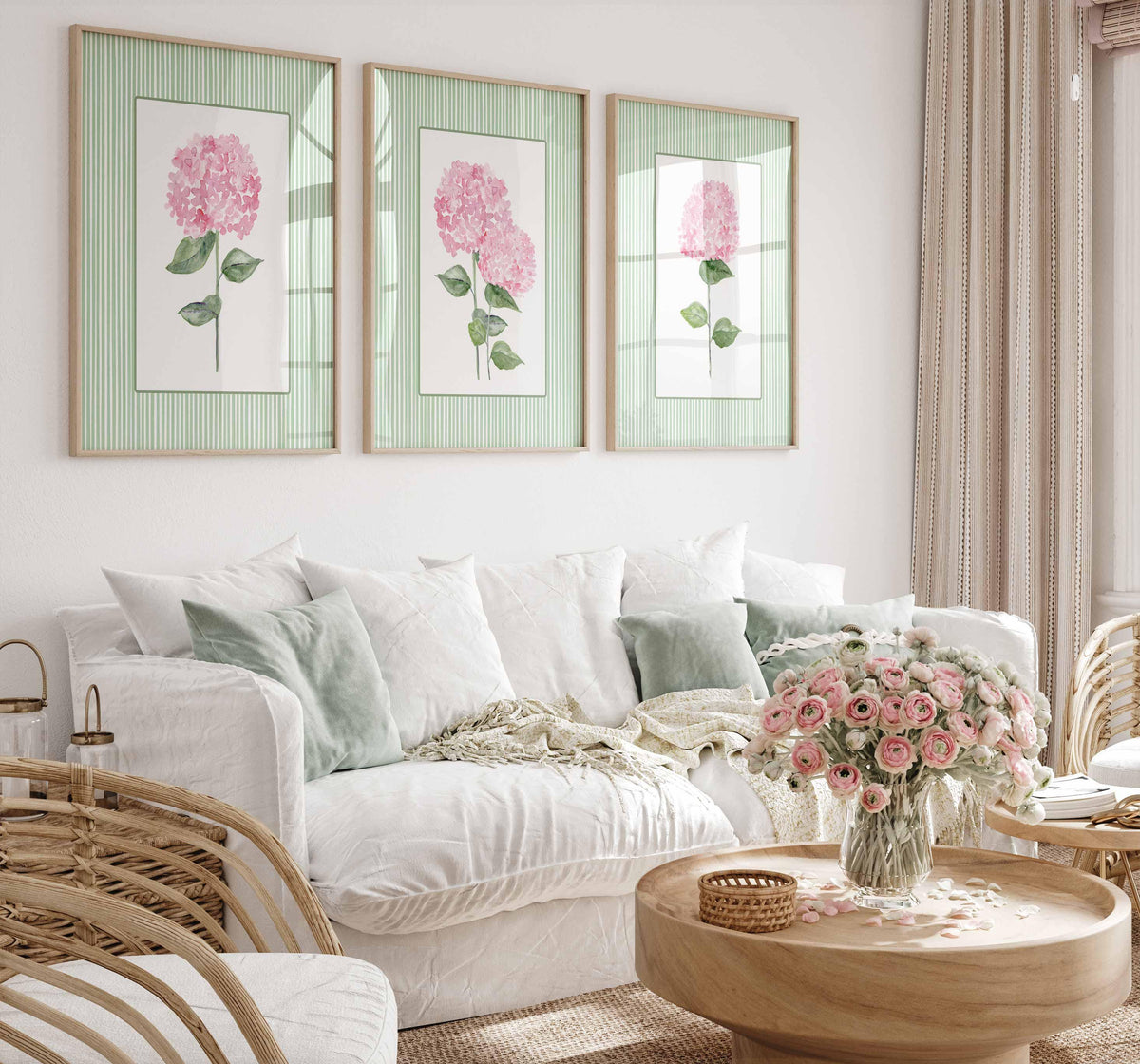 Pink Hydrangea Print, Set of 3 Pink and green wall art, Stripes Coastal Decor, Nursery Grand millennial Poster, Watercolour Floral Painting Main image
