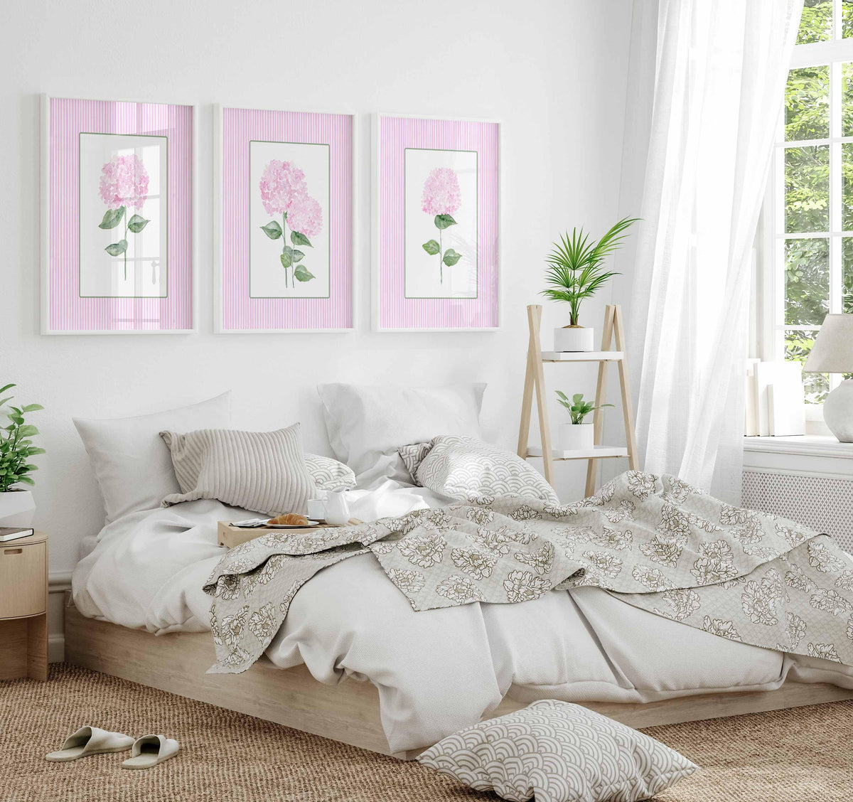 Pink Hydrangea Print, Set of 3 hydrangeas, Stripes Coastal Decor, Trendy Grandmillennial Wall Art, Watercolour Flowers, Living room artwork