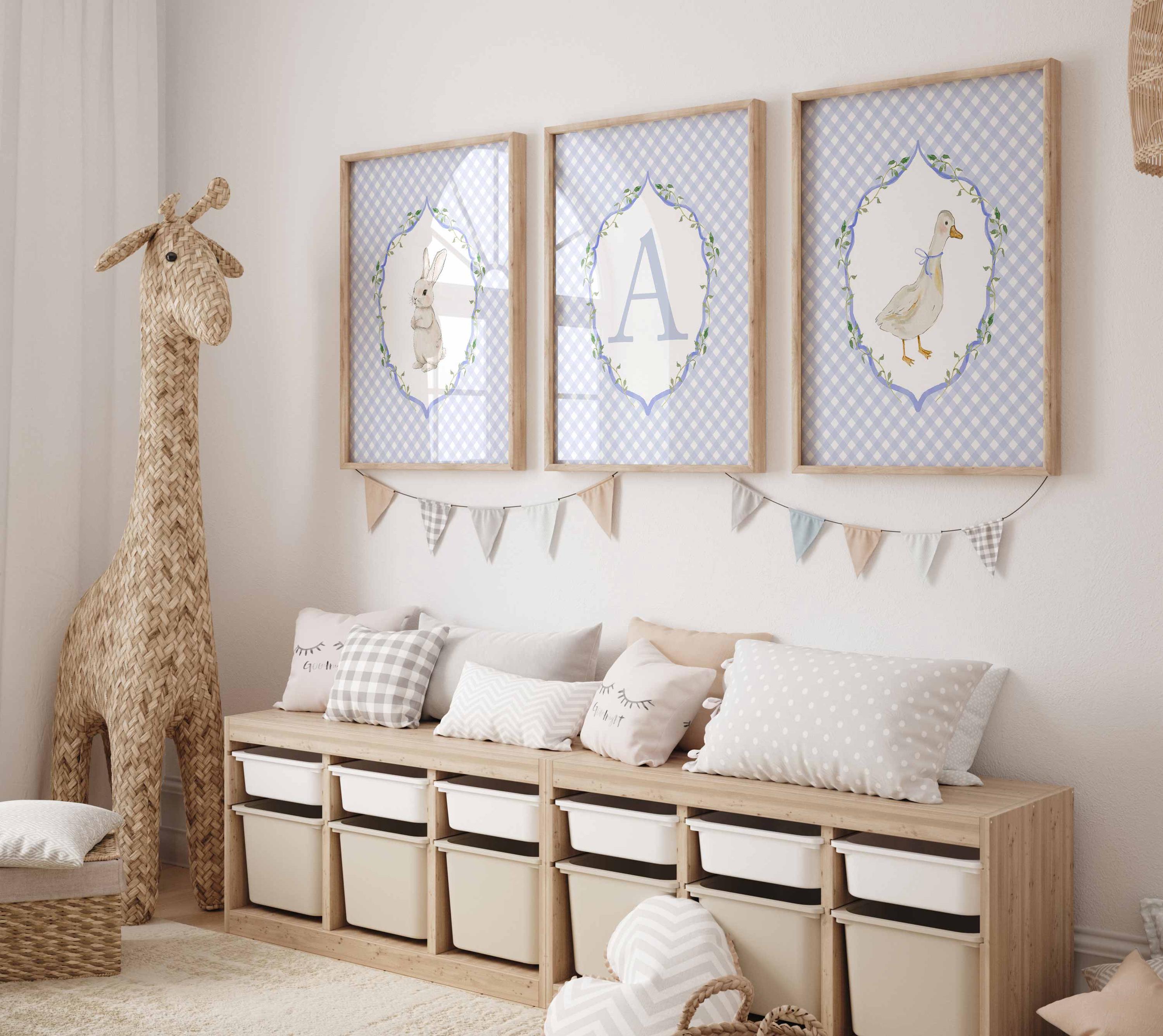 Conejo y oca, decoración de habitación de bebé niño con estampado de cuadros vichy, lindo juego de 3 láminas para guardería con conejito, nombre personalizado Imagen secundaria del producto