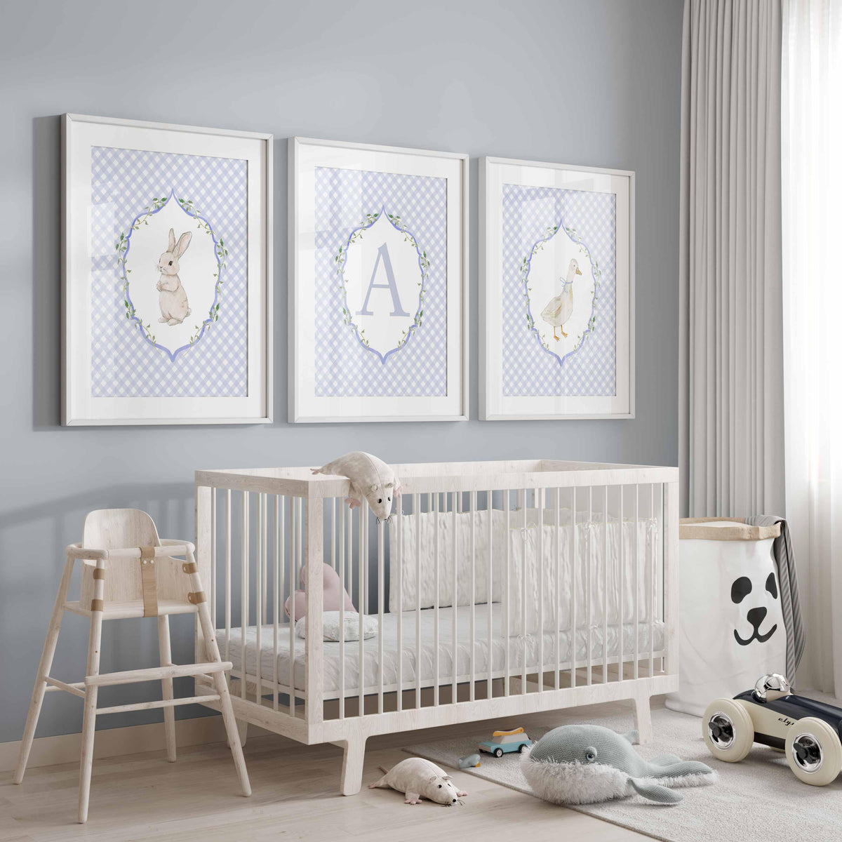 Rabbit and Goose, Gingham baby boy room Decor, Cute bunny Nursery Print Set of 3, Personalized name