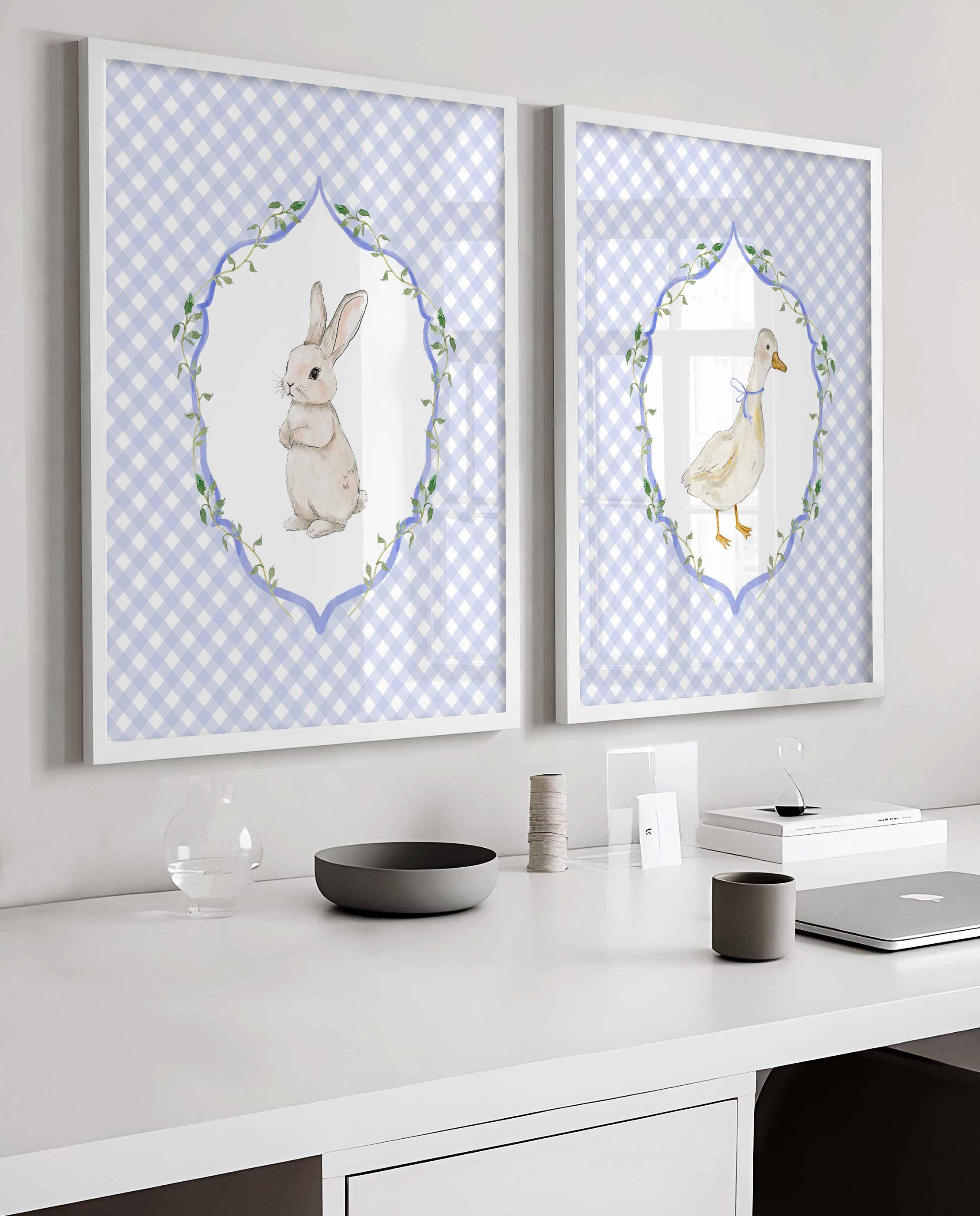Adorable oie et lapin, ensemble de 2 décorations murales pour chambre de bébé, décoration de chambre d'enfant style ferme, impression d'animaux de la ferme, lapin vintage style grand-millennial Image secondaire du produit