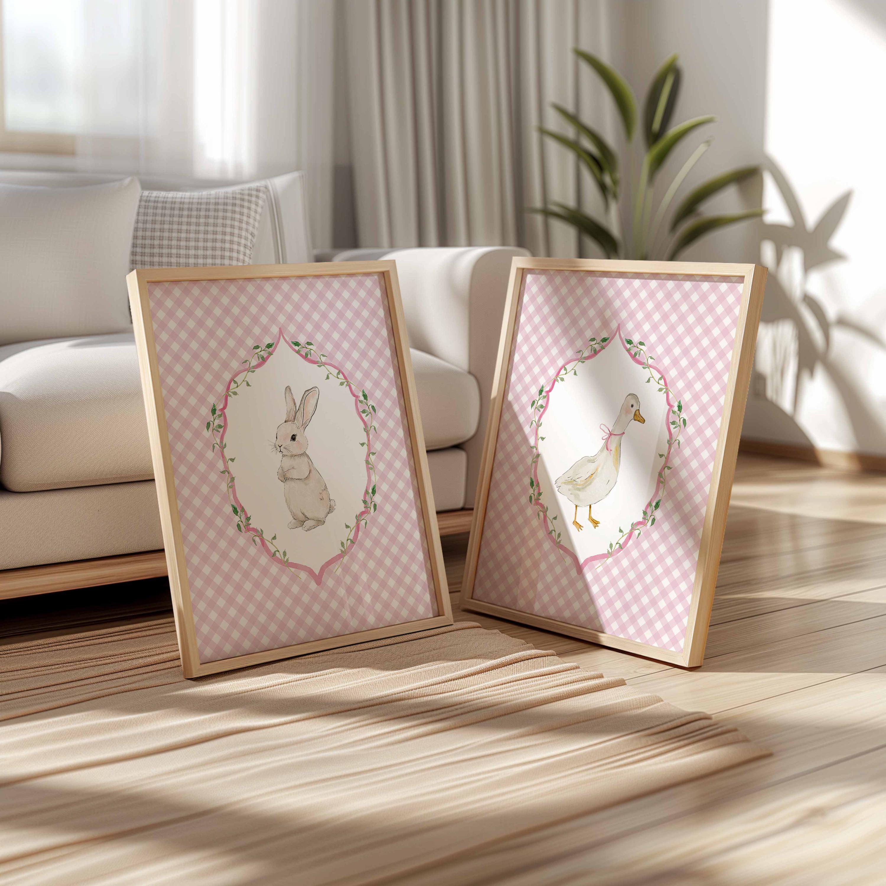 Silly Goose y Bunny, juego de 2 cuadros decorativos para habitación infantil, decoración estilo granja en rosa, láminas de animales de granja, conejo vintage estilo Grand Millennial Imagen secundaria del producto