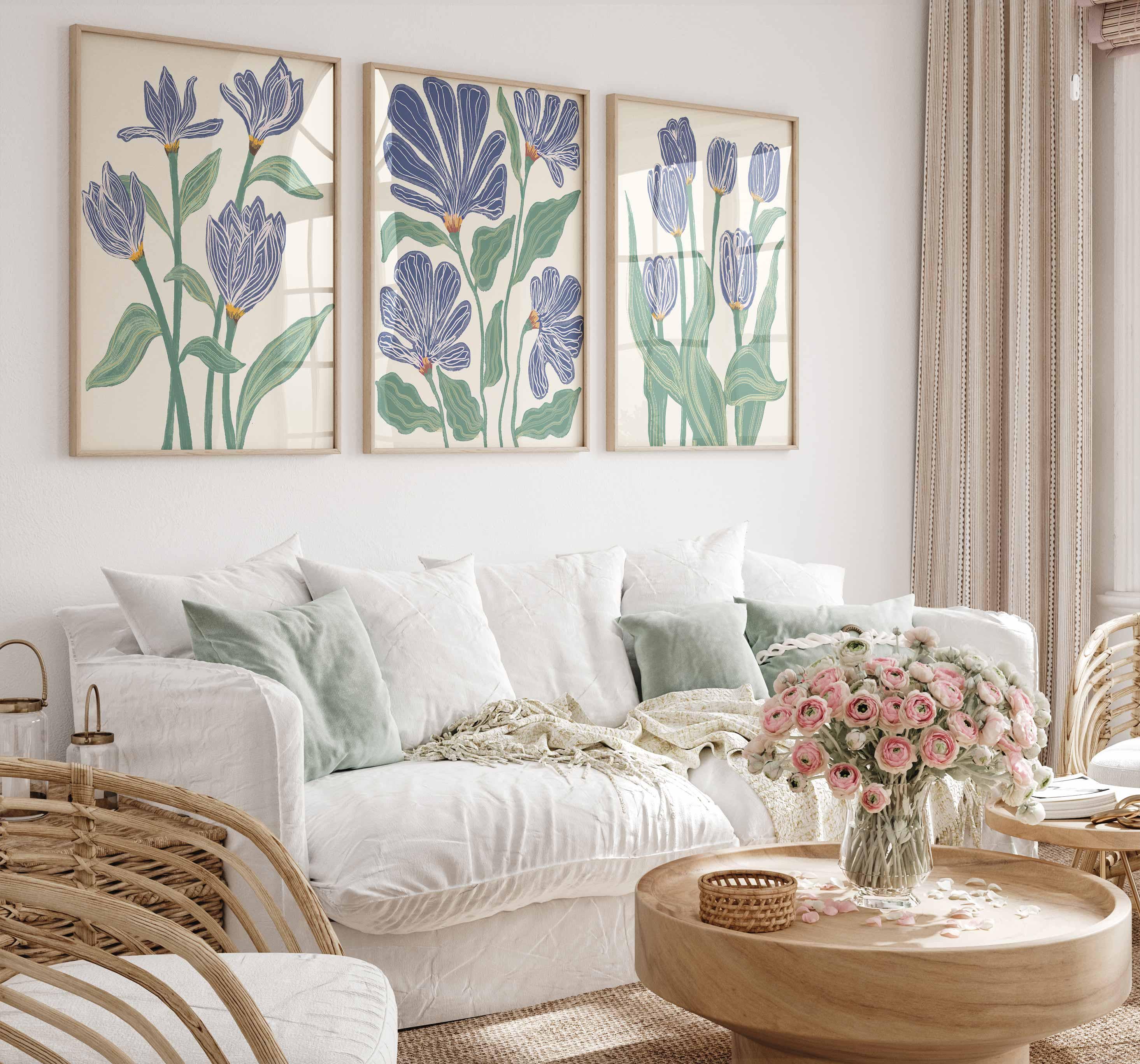 Set botánico neutro de 3 piezas, láminas en verde salvia y azul, flores abstractas, póster moderno, arte de pared bohemio beige, ilustraciones de flores índigo Imagen secundaria del producto