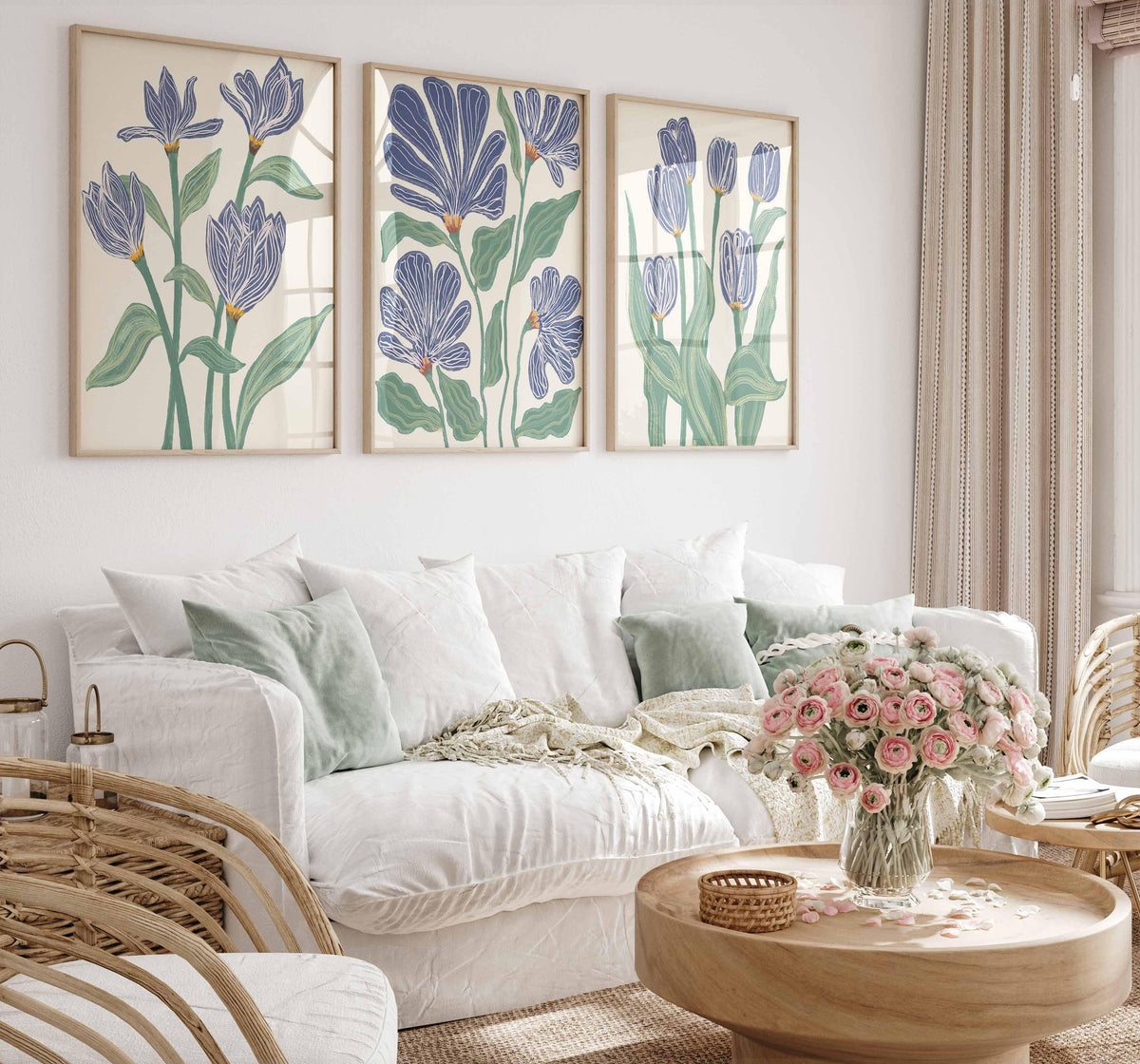 Neutral botanical Set of 3, Sage green and blue prints, Abstract Flowers, Modern Poster, Boho beige wall art, Indigo flowers artwork