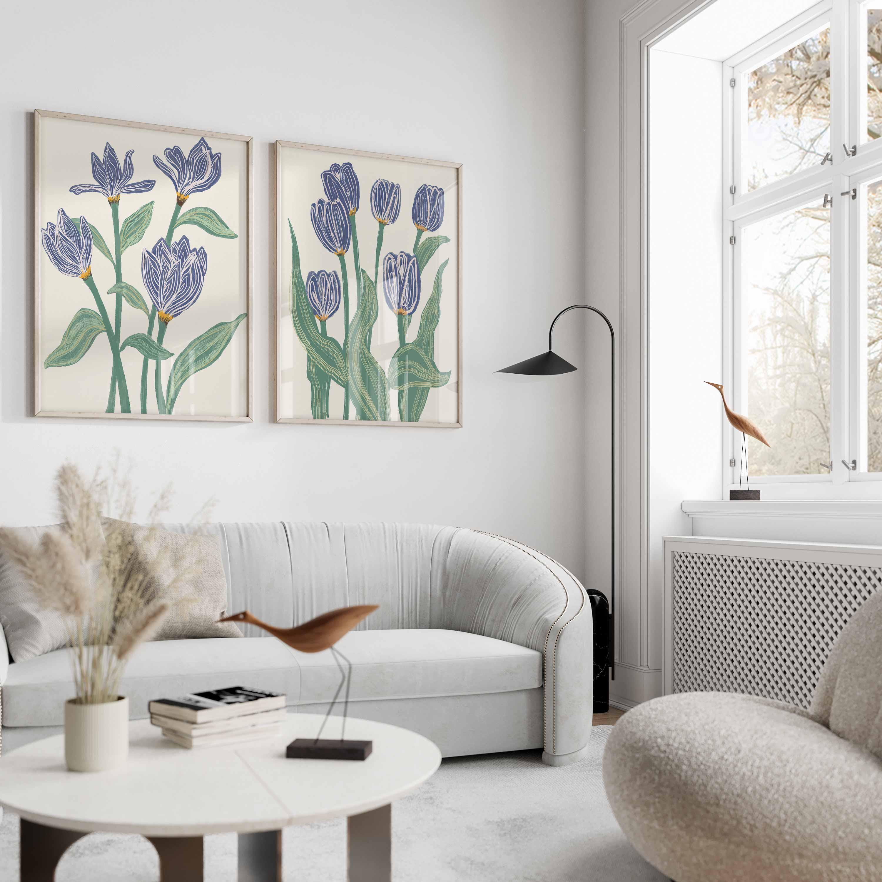 Art mural floral bleu, décoration de fleurs botaniques, motif floral bleu marine, vert et beige, ensemble de 2 impressions, affiche pour salon, mur de chambre, impression pour salle de bain Image secondaire du produit