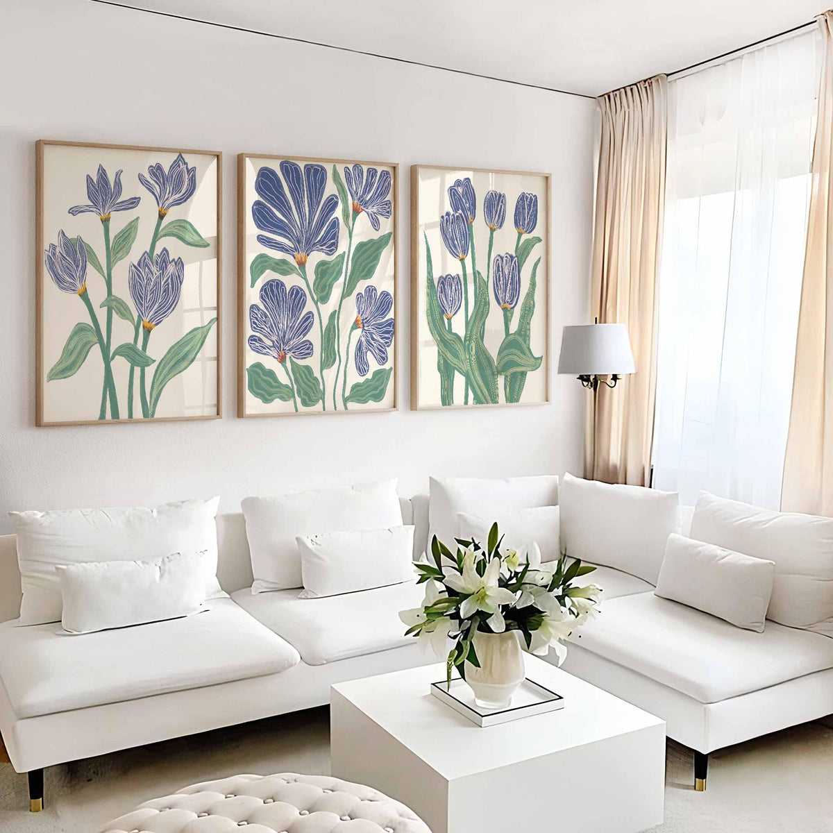 Set of 3 prints, Blue and green Floral wall art, botanical Bedroom Print, beige Living room Artwork, Navy Indigo bathroom Abstract Flower Main image