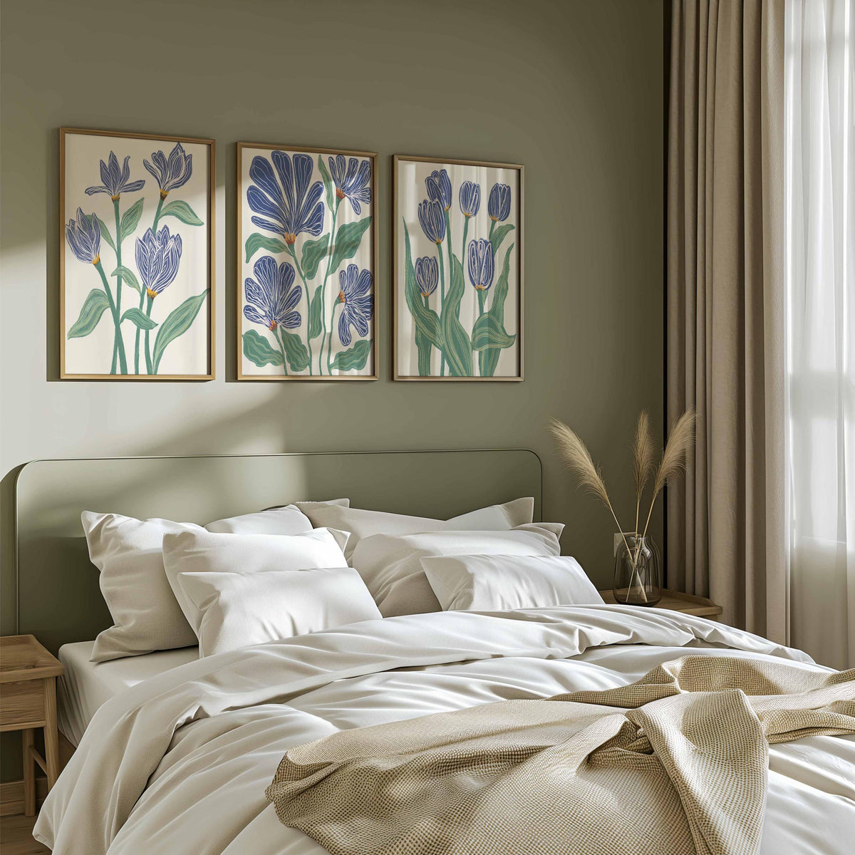 Neutral botanical Set of 3, Sage green and blue prints, Abstract Flowers, Modern Poster, Boho beige wall art, Indigo flowers artwork Main image