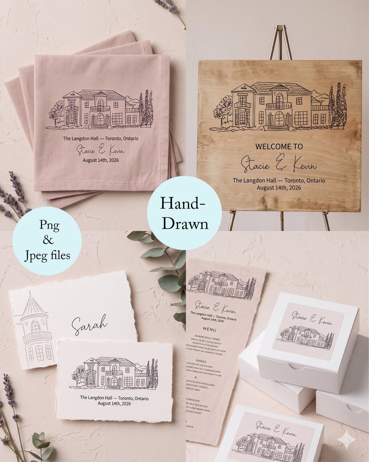 Wedding venue illustration used on napkins, a wooden welcome sign, place cards and a menu Main image