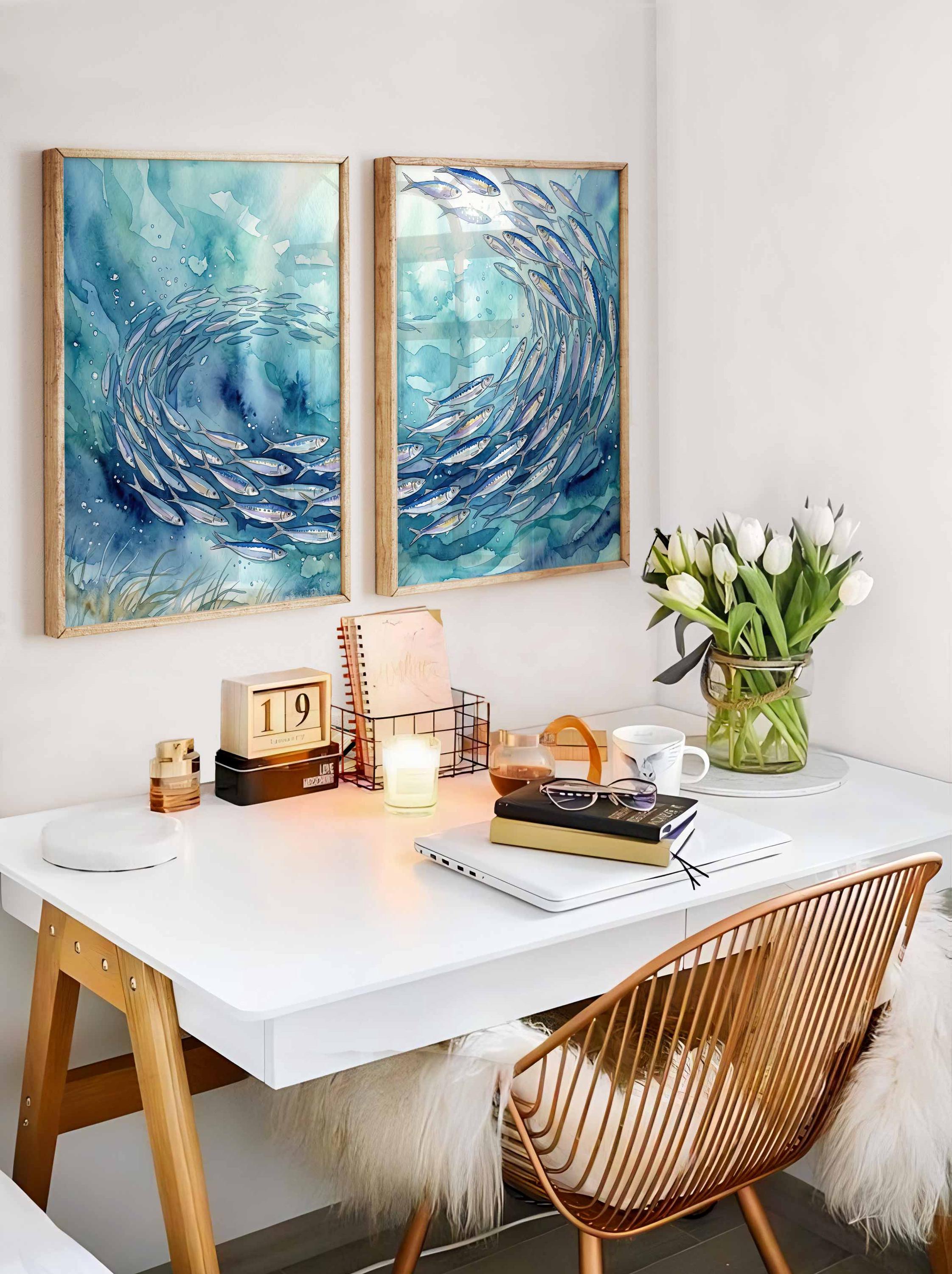Cuadro de sardinas, decoración para casa de playa, láminas mediterráneas, lámina de arte de peces, arte para comedor, baño azul, póster de mariscos Imagen secundaria del producto