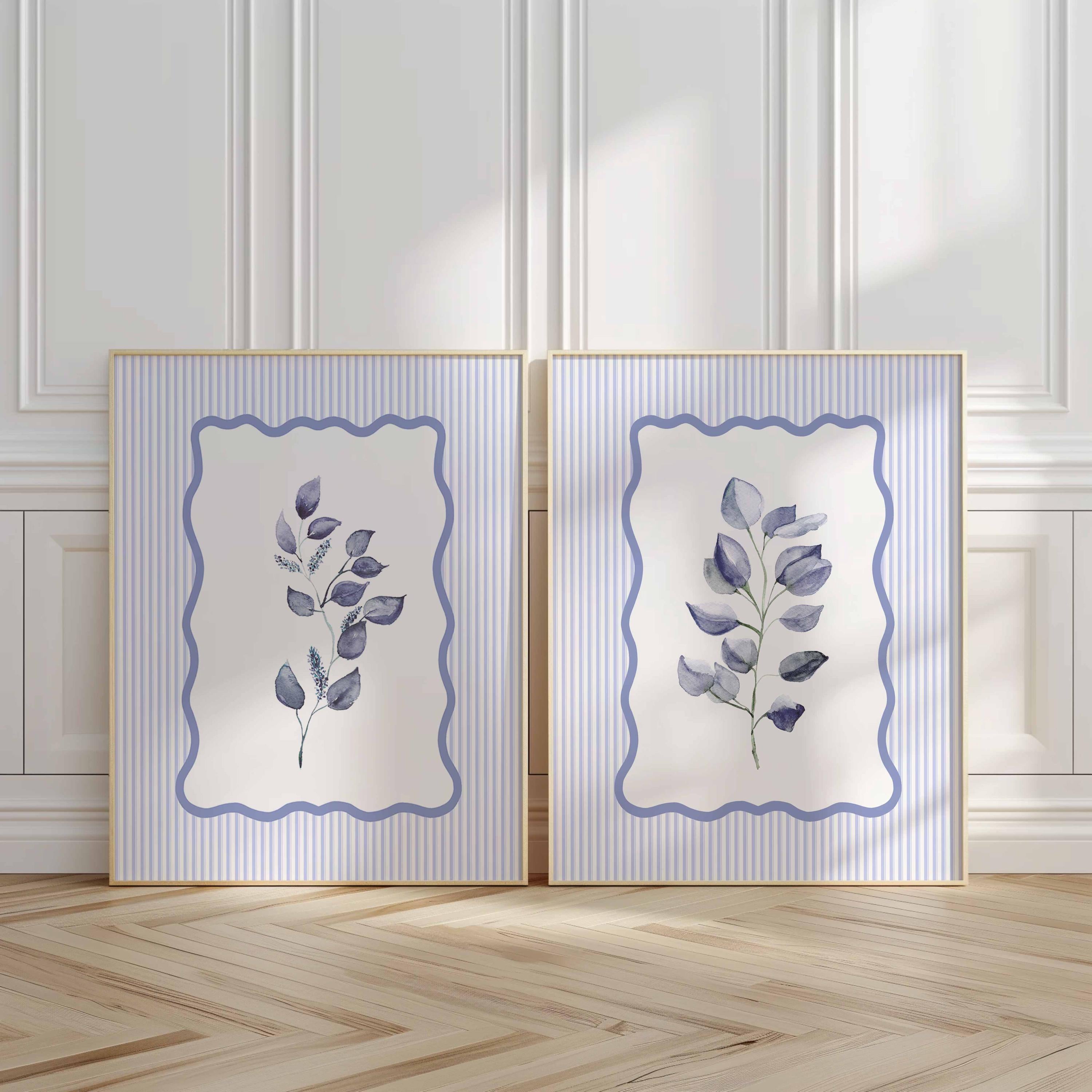 Impressions botaniques de feuilles bleues, décoration murale pour chambre, art encadré à rayures, ensemble de 2 impressions, œuvre d'art à l'aquarelle de feuilles d'eucalyptus, ensemble d'art botanique Image secondaire du produit