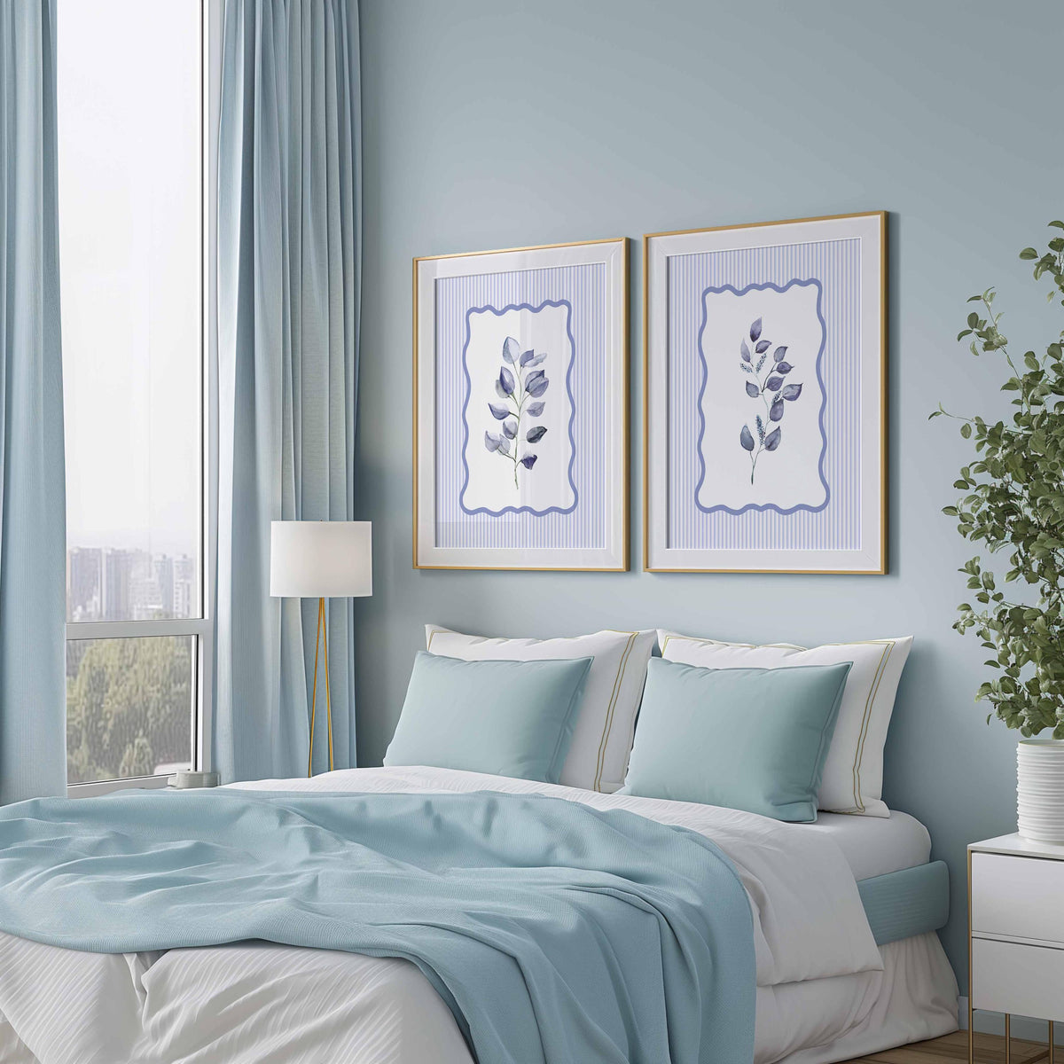 Blue Botanical Leaf Prints, Bedroom wall decor, Stripes Frame Art, Set of 2 prints, Watercolour eucalyptus leaves artwork, Botanical art set
