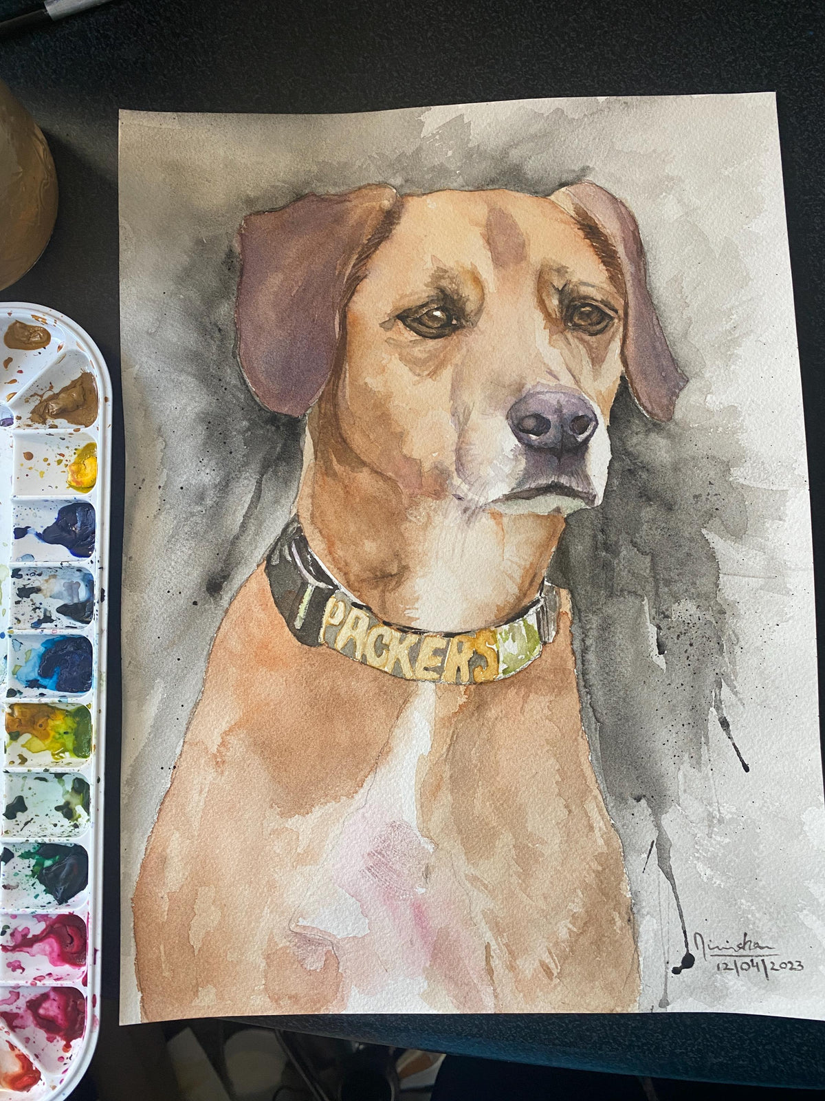 Custom pet portrait in watercolour of a brown dog wearing a Packers collar, beside a paint palette Main image
