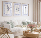 Blue Wall Art, Navy leaf Art Prints, Living Room Decor, Stripes Botanical Eucalyptus, Nancy Meyers Aesthetic, Coastal Bathroom Poster