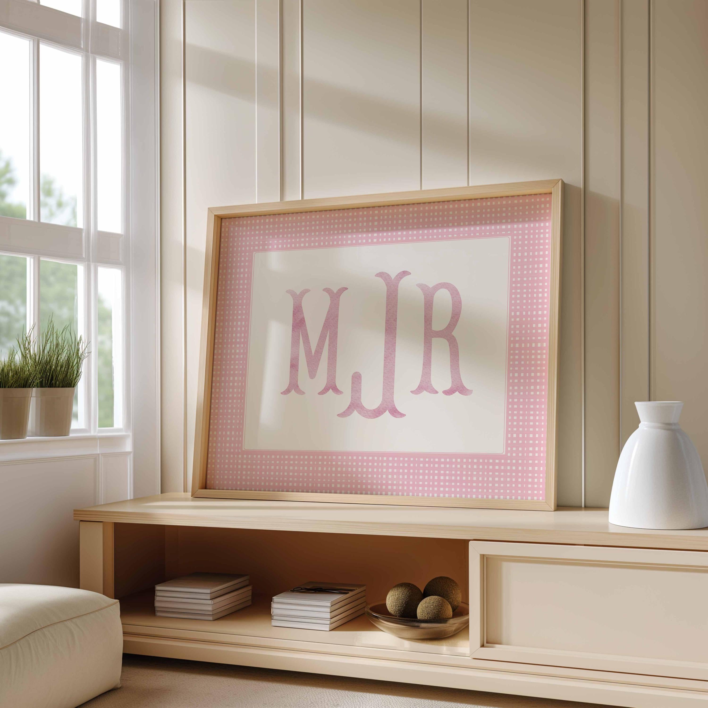 Baby Girl Monogram Digital, Gingham Name Sign, Pink Nursery Girl Print, Custom Printable Baby Room, Above Crib Decor Imagen secundaria del producto