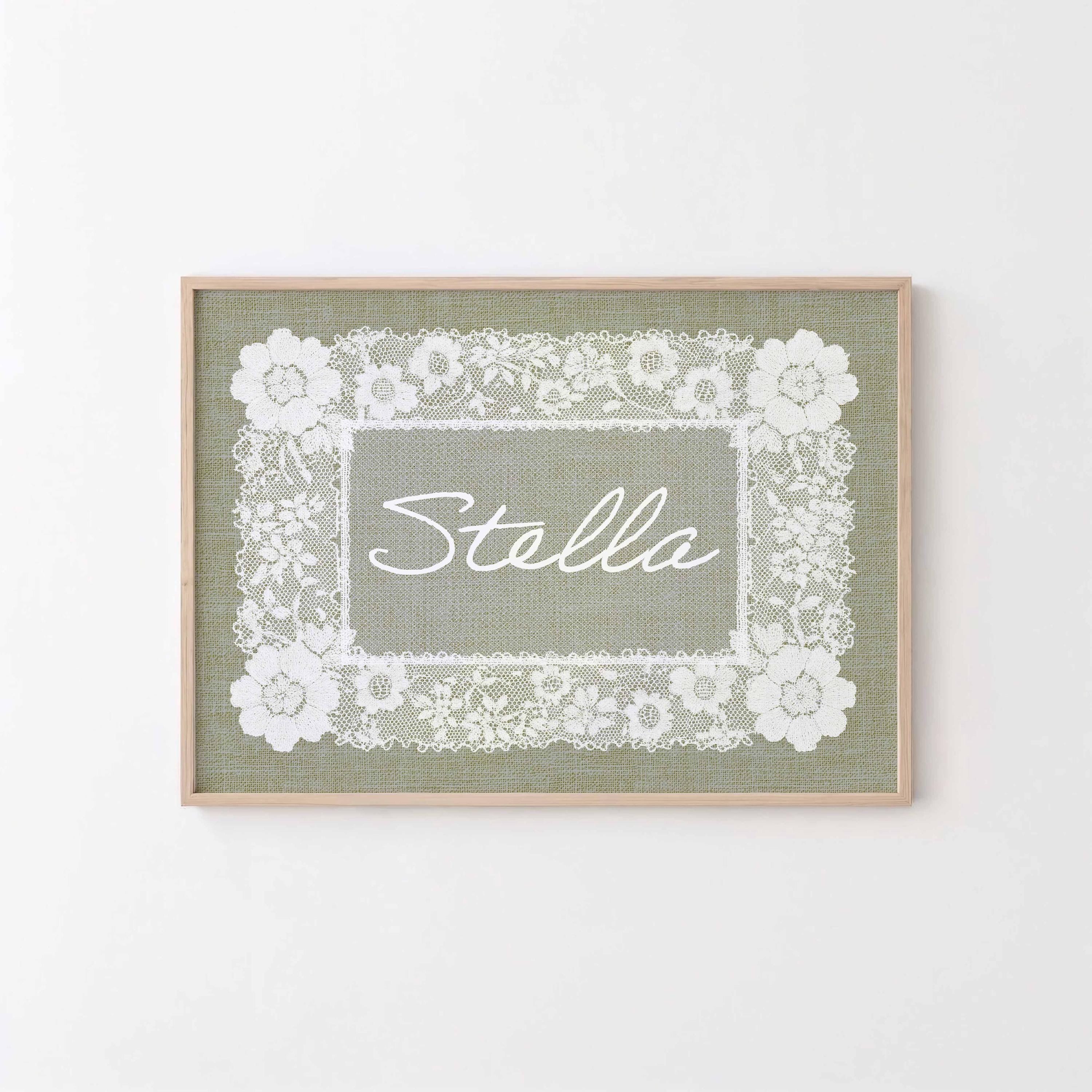 Sage Green Lace Nursery Name, Custom Nursery Decor, Personalized Doily Pattern, Vintage baby Name Sign, Cottagecore wall art digital Prints Imagen secundaria del producto