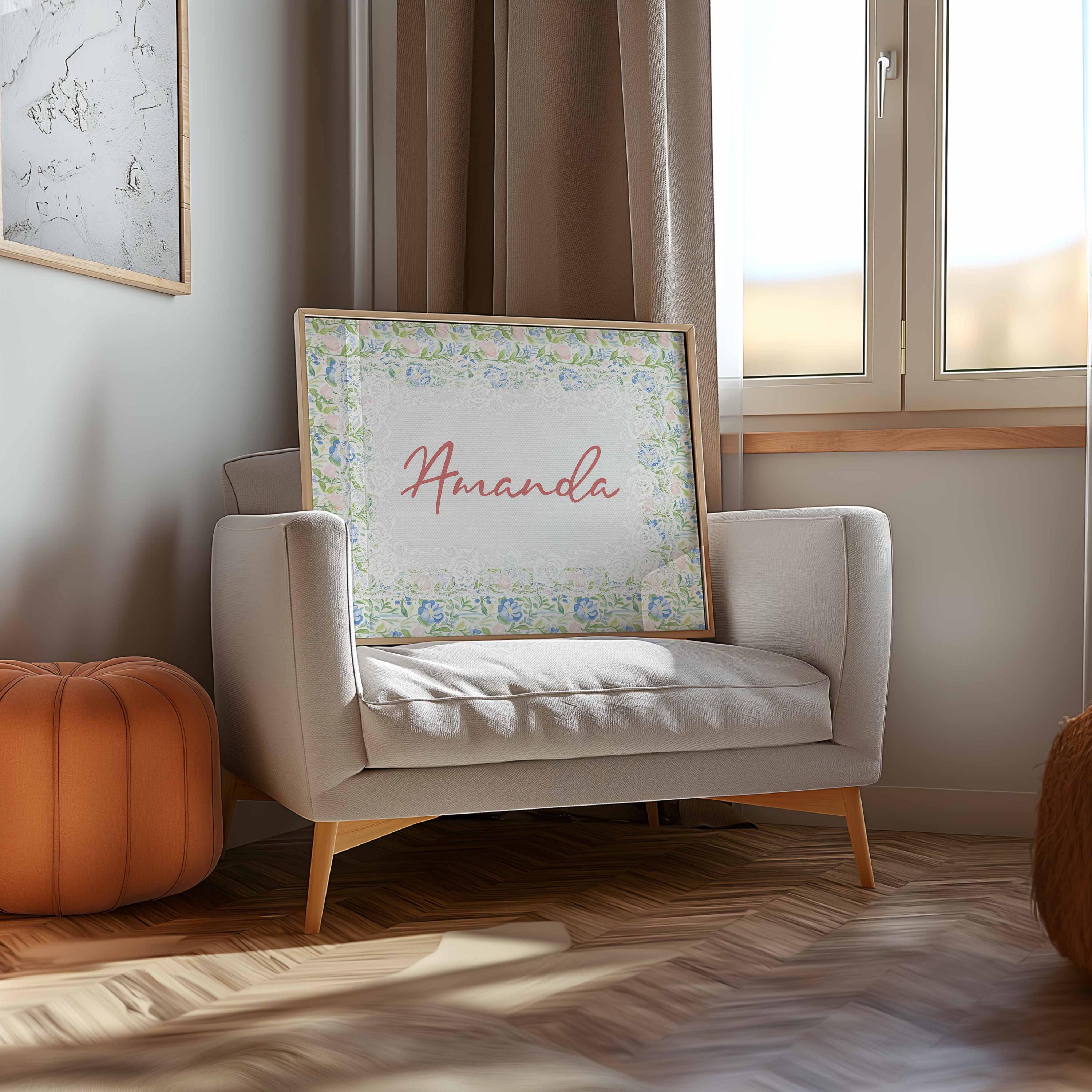 Nombre para guardería rosa y verde, decoración personalizada para habitación de niña, diseño de tapete personalizado, letrero vintage con nombre de bebé, arte de pared estilo cottagecore de encaje Imagen secundaria del producto