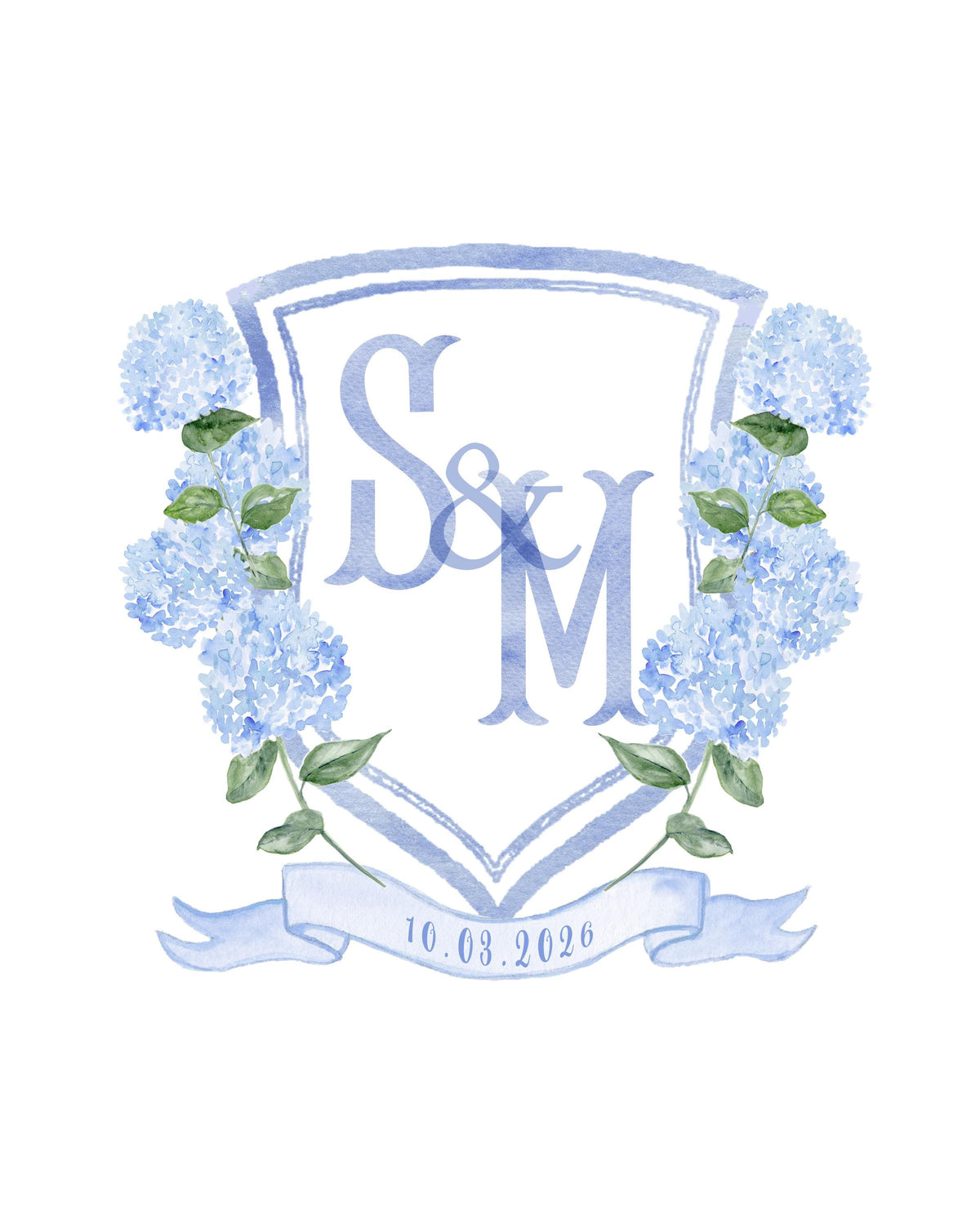 Custom wedding crest in blue watercolour: S & M monogram framed by blue hydrangeas with the wedding date Main image