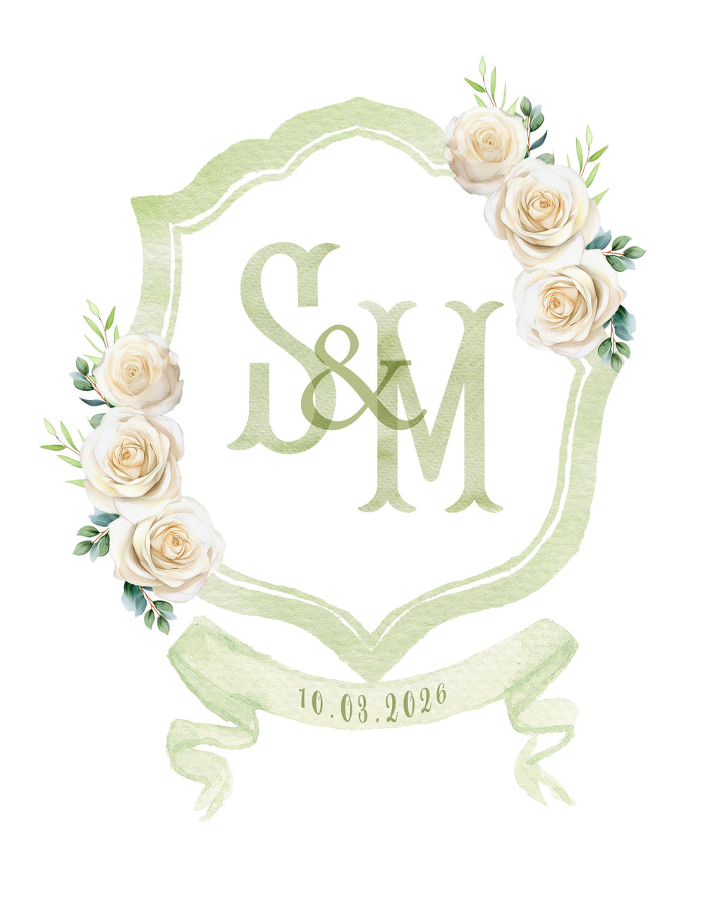 Sage green watercolour wedding crest with S & M couple monogram and ivory roses on a ribbon banner