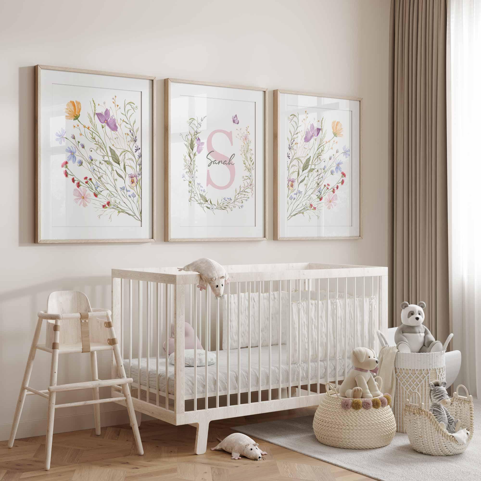 Affiches fleurs des champs style bohème pour chambre de bébé, lot de 3 impressions avec prénom personnalisé, décoration florale pour chambre de fille, fleurs pastel Image secondaire du produit