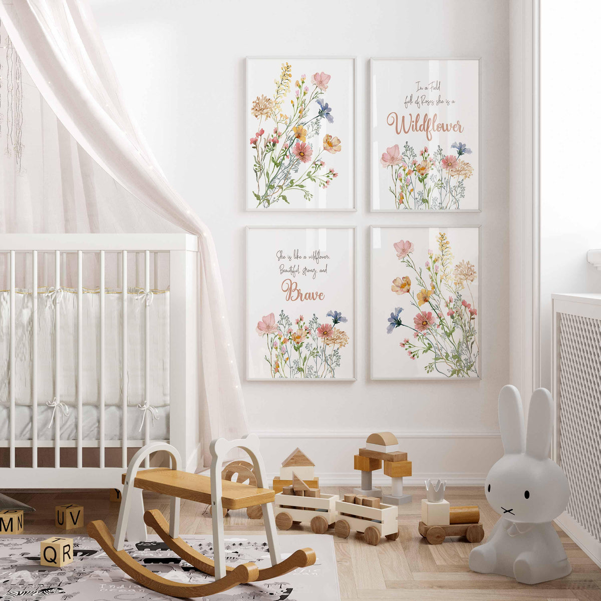 Wildflowers Nursery Set of 4 Prints, She is Like a Wildflower Wall Art, Floral Inspirational Quotes, Boho Meadow Art, Baby Girl Newborn Gift