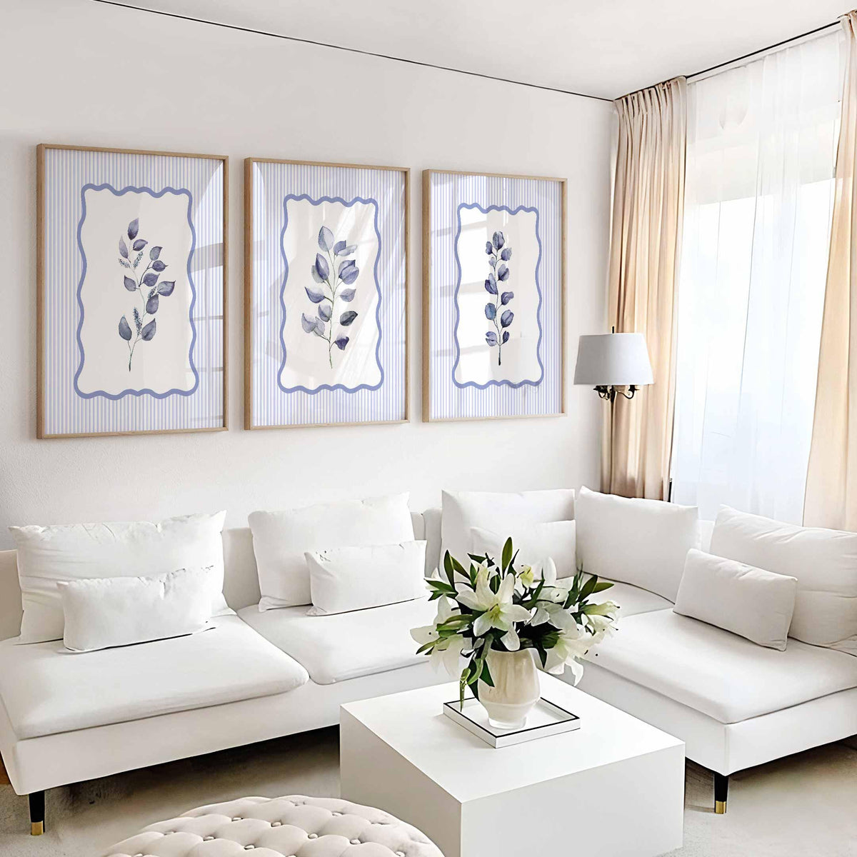 Blue Wall Art, Navy leaf Art Prints, Living Room Decor, Stripes Botanical Eucalyptus, Nancy Meyers Aesthetic, Coastal Bathroom Poster Main image