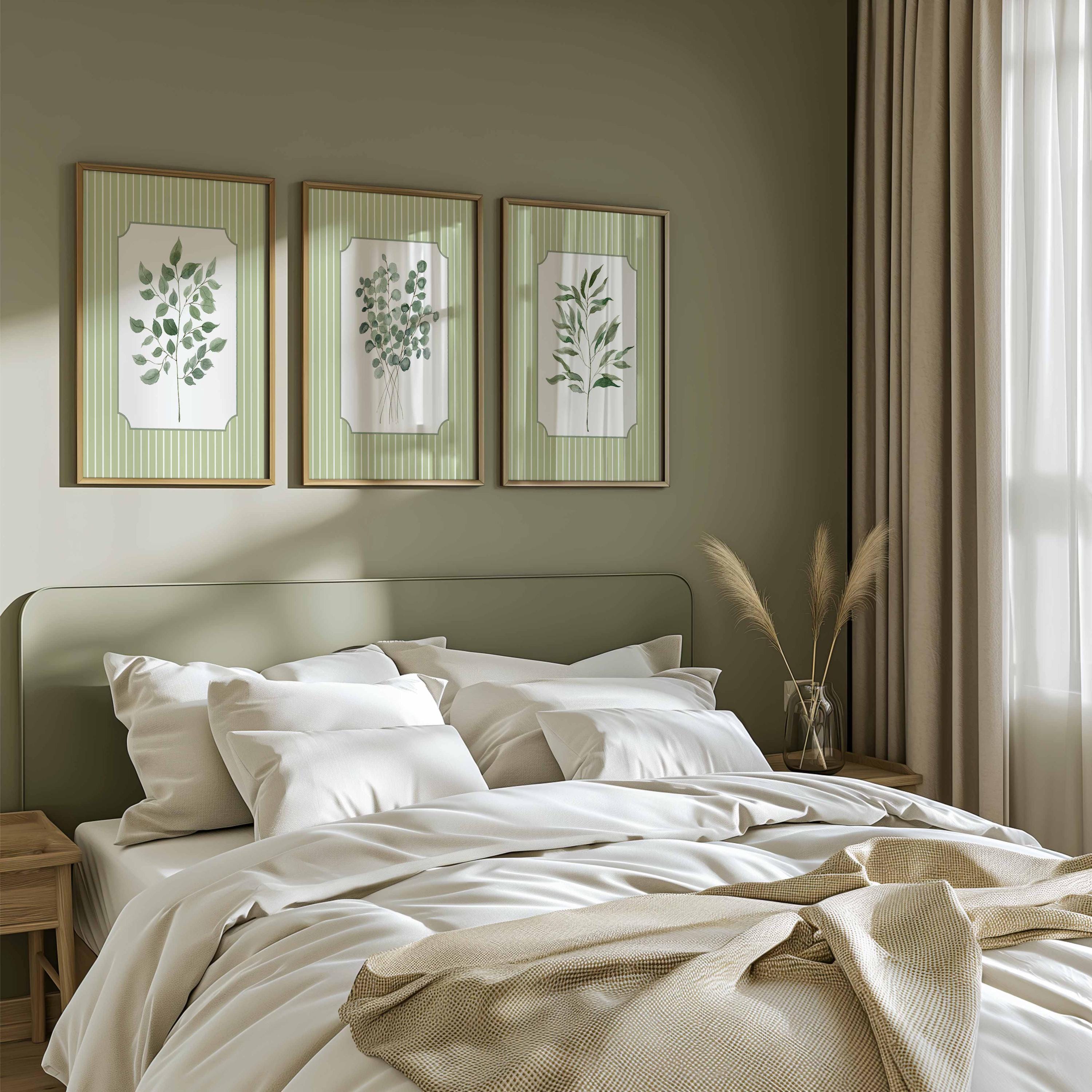 Set de láminas de arte de hojas con rayas verde salvia minimalista, set de pósteres botánicos de acuarela, decoración de pared para consola de recibidor, estética cottagecore para sala de estar Imagen secundaria del producto