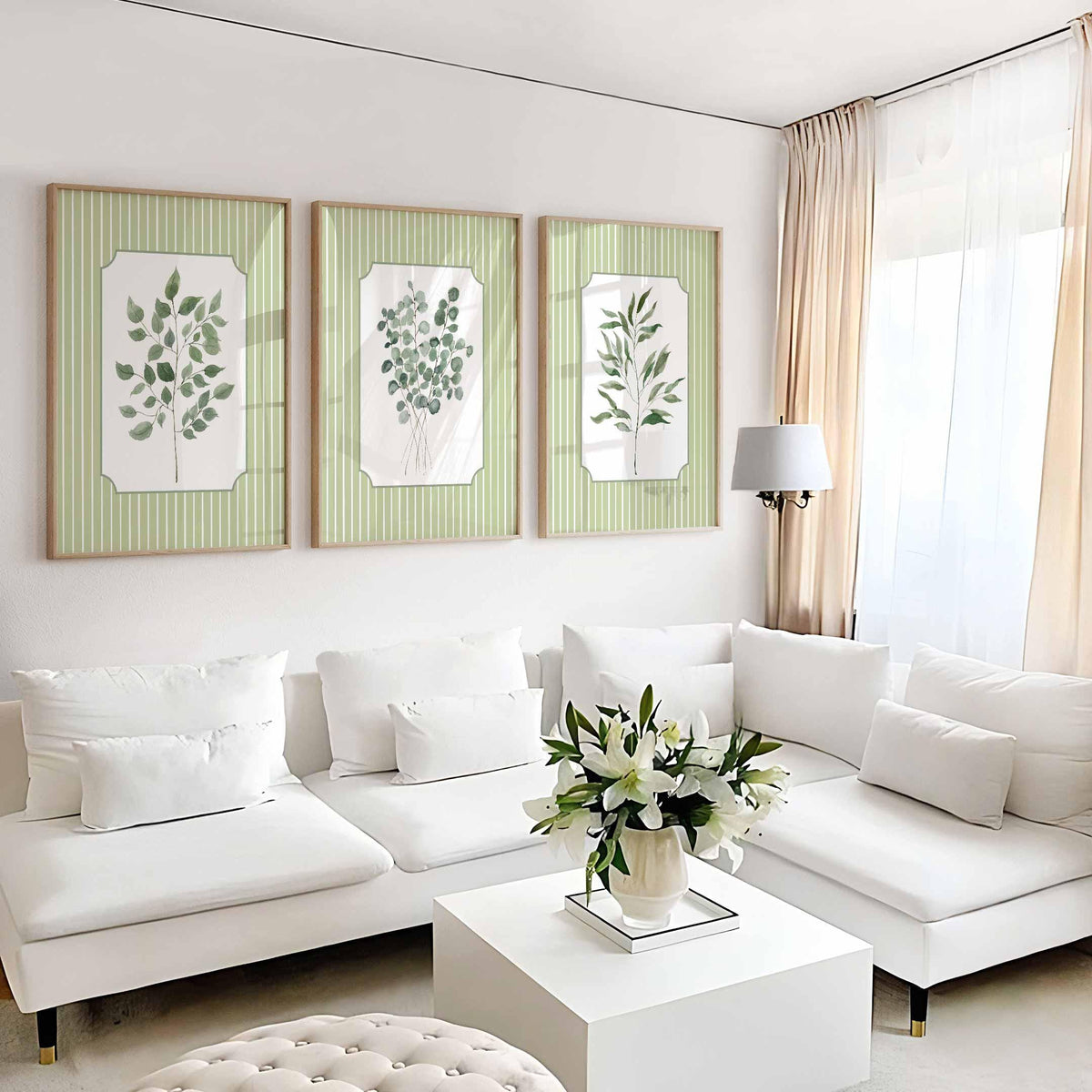 Minimalist Sage Stripe Leaf Art Print Set, Watercolor Botanical Poster Set, Entryway Console Wall Decor, Cottagecore Aesthetic Living Room Main image