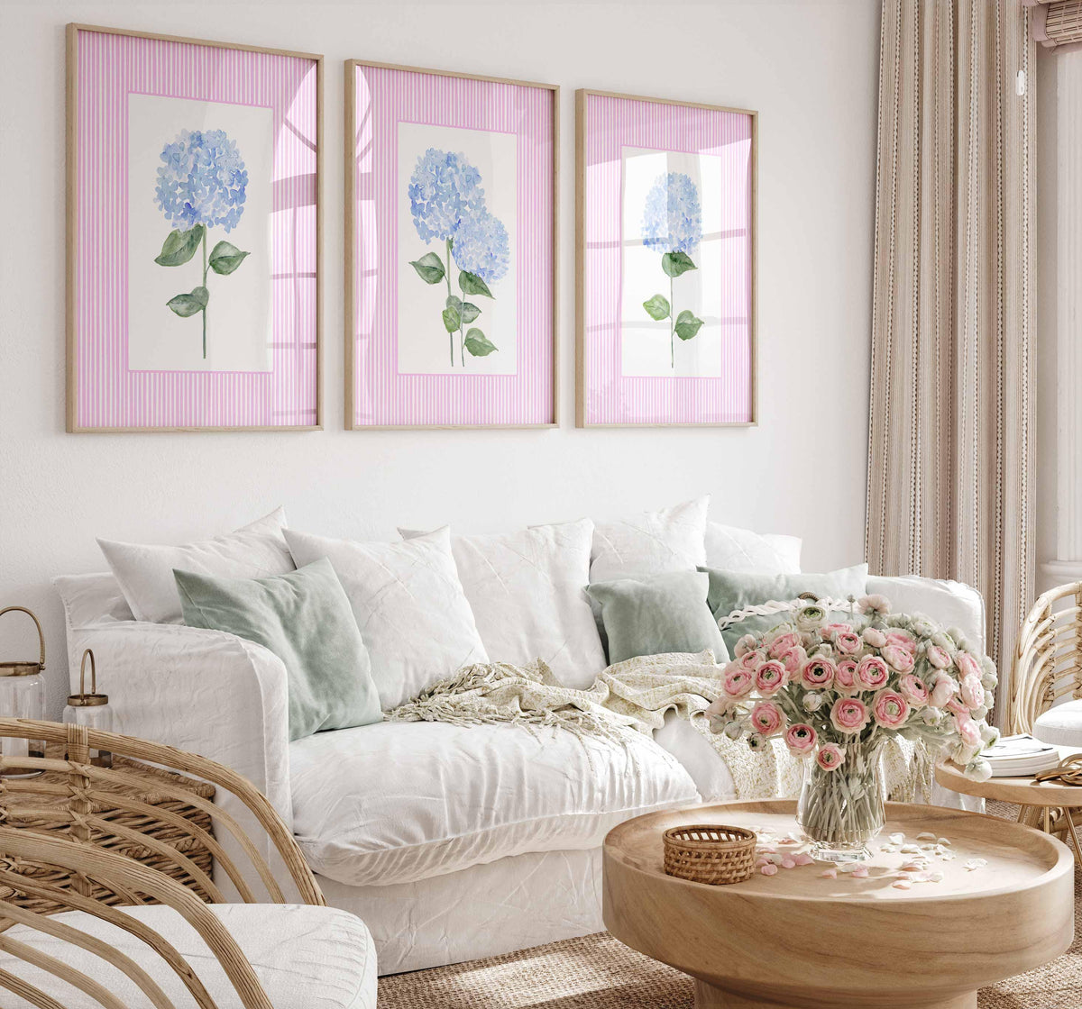 Hydrangea Print Set, Grandmillennial Blue Floral Art, Pink Stripe Living room decor, Nursery Wall Art, Flowers Girl Bedroom Preppy Prints Main image