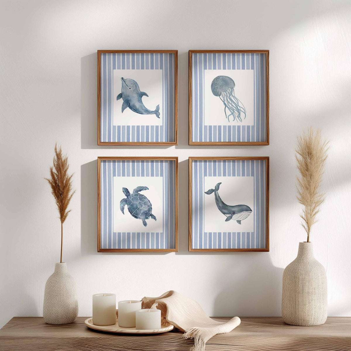 Ocean Theme Stripes Nursery Prints, Set of 4 Sea Animals wall Art, JellyFish whale Poster, Watercolor Baby Boy Nursery, Kids Room Decor Navy Main image
