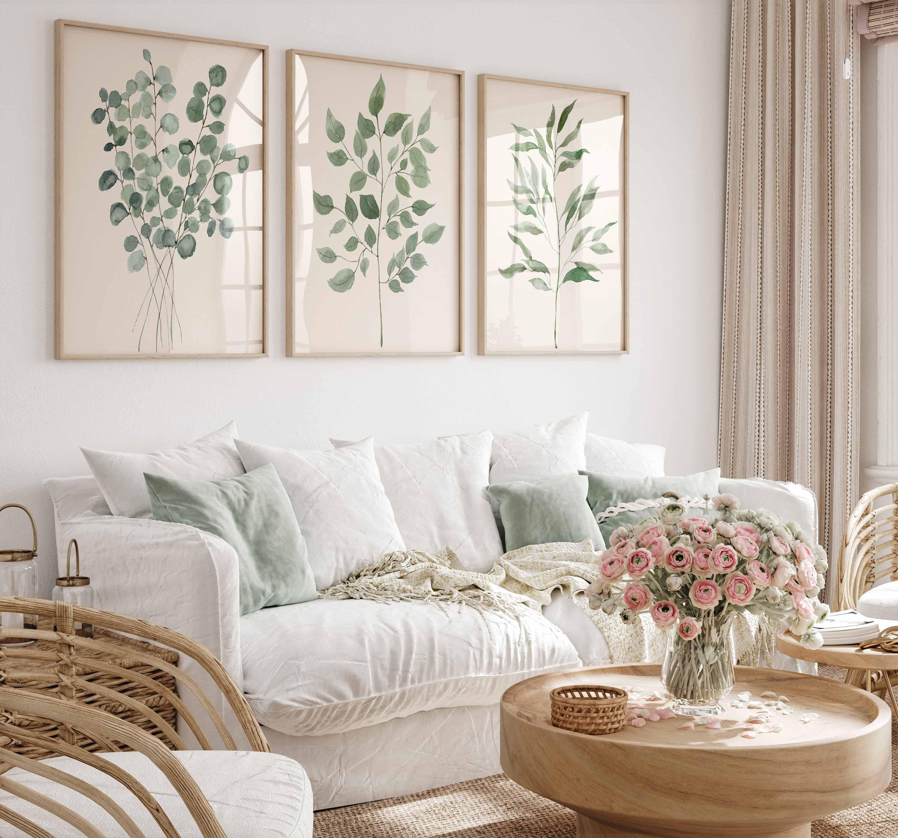 Décor vert sauge, impressions de feuilles botaniques, ensemble de 3 pour mur de salon, art eucalyptus, décor bohème, impression de plante minimaliste, ferme moderne Image secondaire du produit