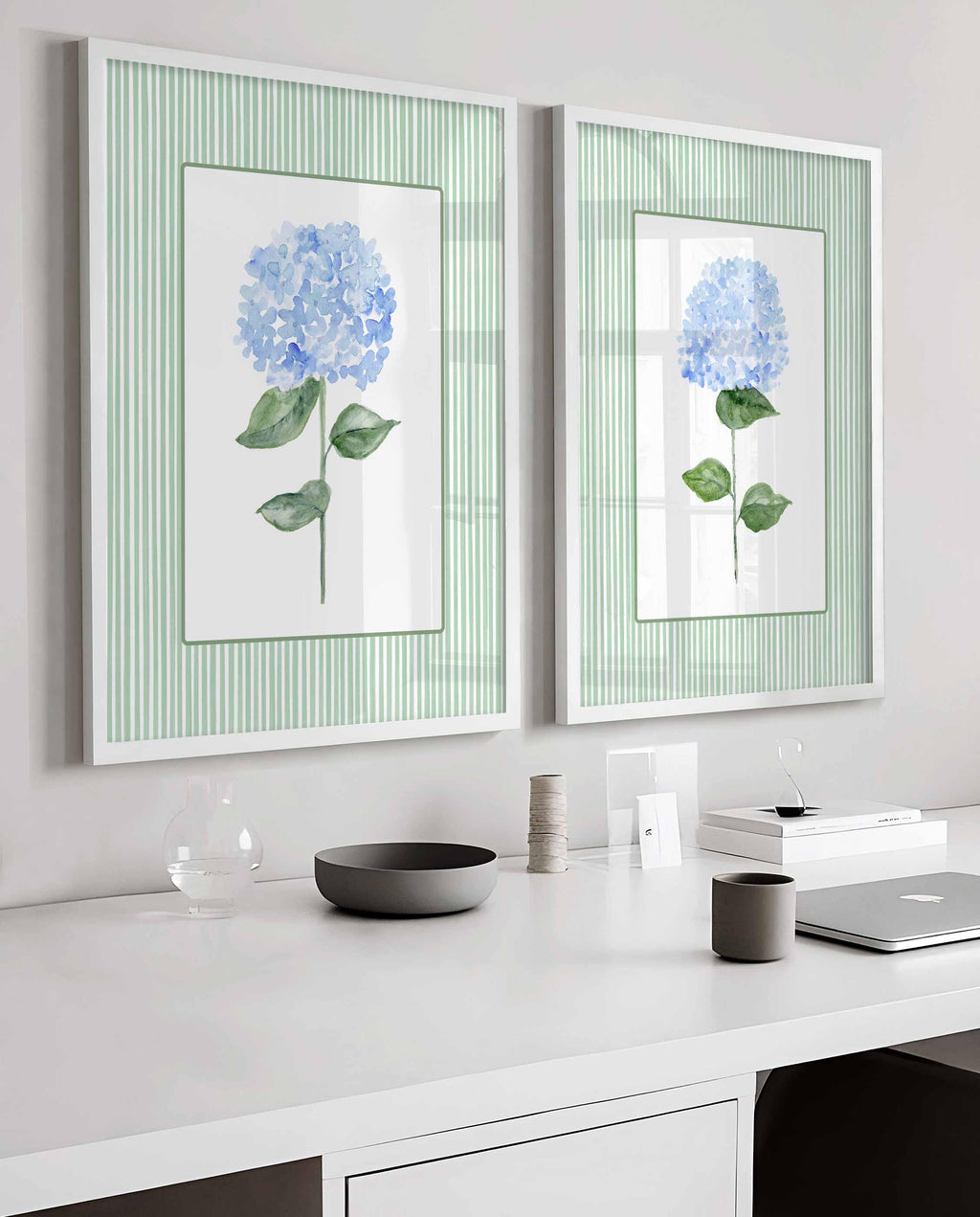 Hydrangea Prints, Set Of 2 Wall Art, Coastal decor, Grandmillennial Green Blue Floral poster, Bathroom prints, Stripes Artwork Hallway
