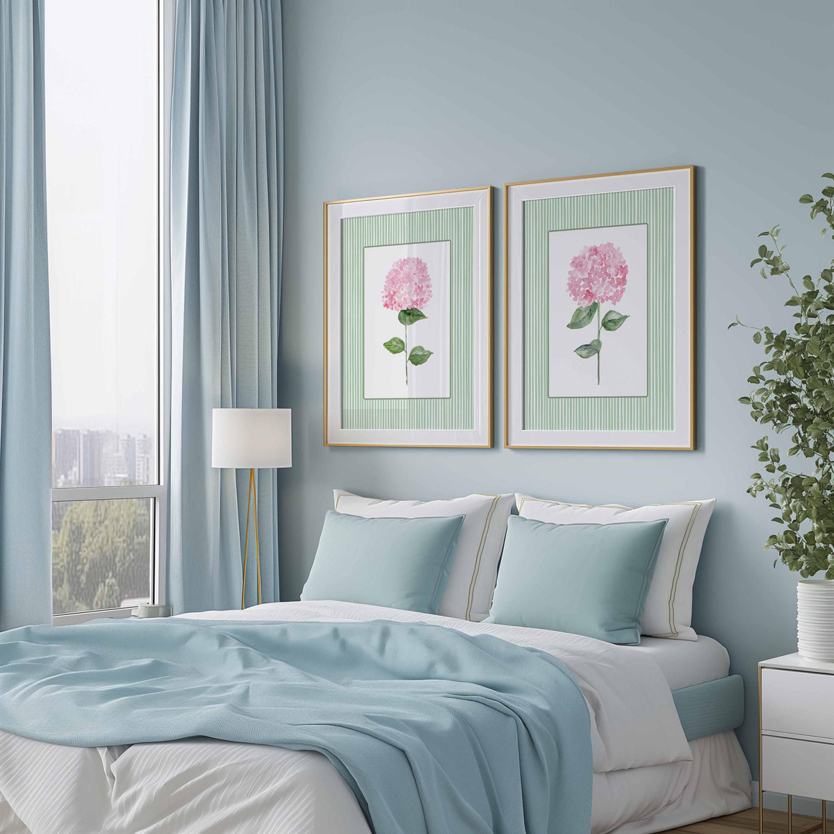 Pink Green Hydrangea Wall Art, Set of 2 prints, Floral Wall Decor, Girl bedroom Decor, Botanical Flower Painting, Stripes Grand Millenial Main image