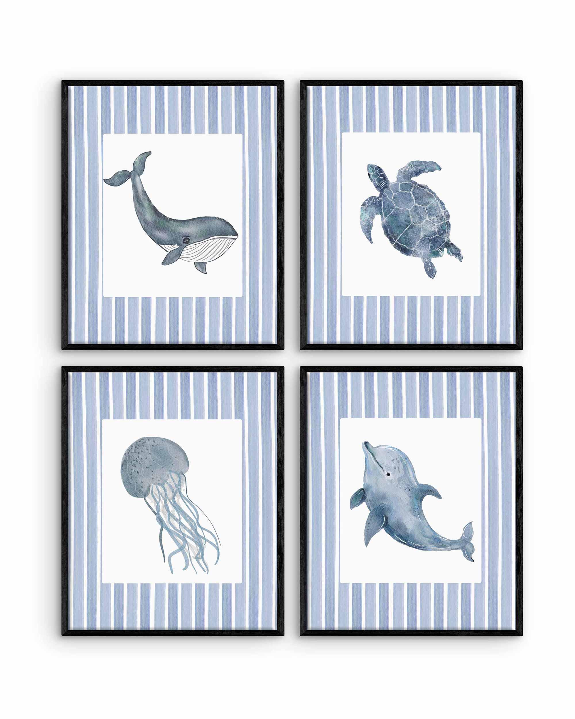 Láminas infantiles con rayas y temática oceánica, set de 4 cuadros de animales marinos, póster de ballena y medusa, decoración de acuarela para habitación de bebé niño, decoración de cuarto infantil azul marino Imagen secundaria del producto