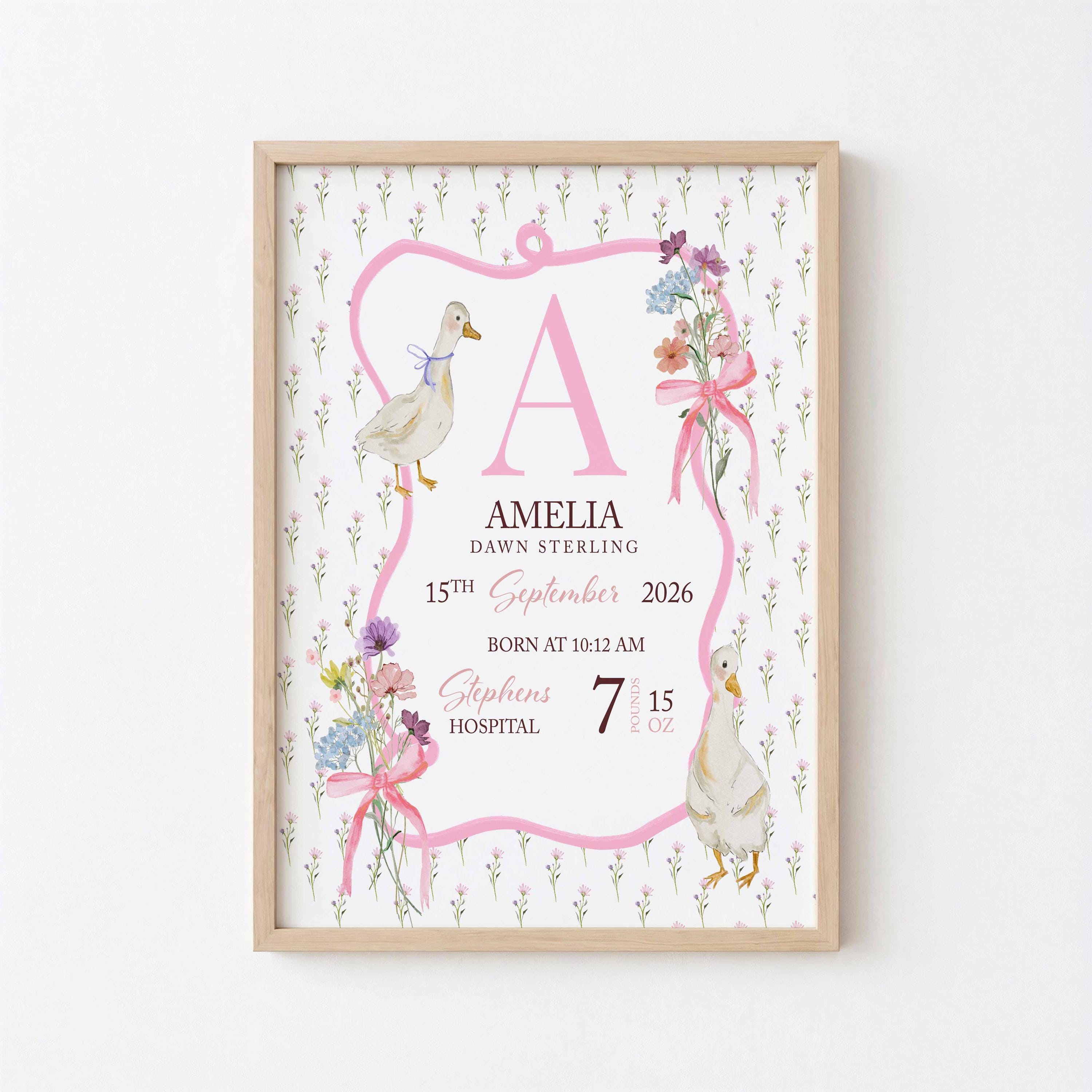 Cuadro con datos de nacimiento, letrero personalizado con nombre de niña, recuerdo de detalles de nacimiento, regalo para recién nacida, decoración de guardería, decoración estilo "Grandmillenial" de ganso Imagen secundaria del producto