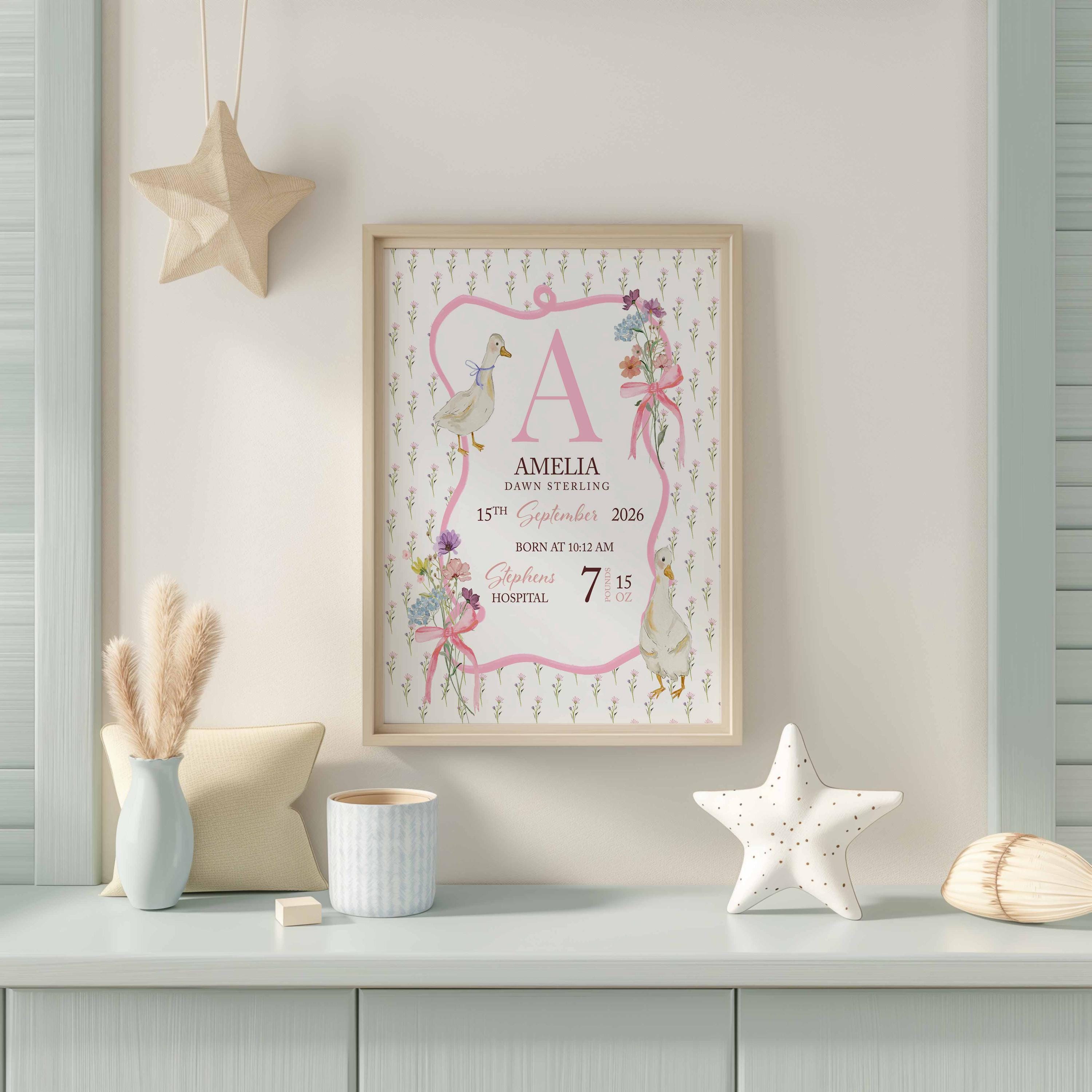 Lámina de nacimiento, letrero personalizado con nombre de bebé, recuerdo con detalles de nacimiento, regalo para recién nacido, decoración de guardería, decoración estilo "Grandmillenial" de ganso Imagen secundaria del producto