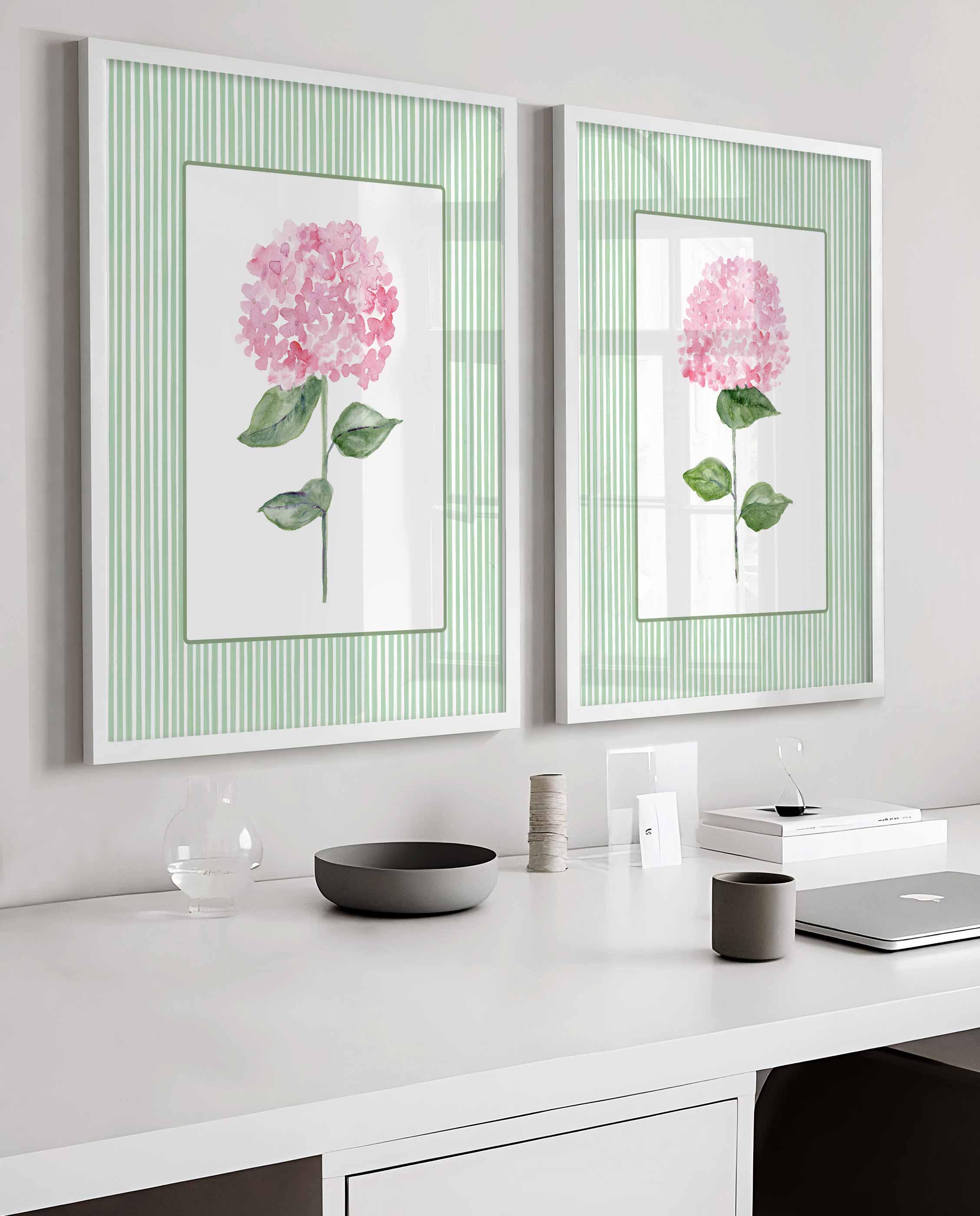 Arte de pared de hortensias rosas y verdes, juego de 2 láminas, decoración de pared floral, decoración de dormitorio de niña, pintura de flores botánicas, estilo Grandmillennial a rayas Imagen secundaria del producto