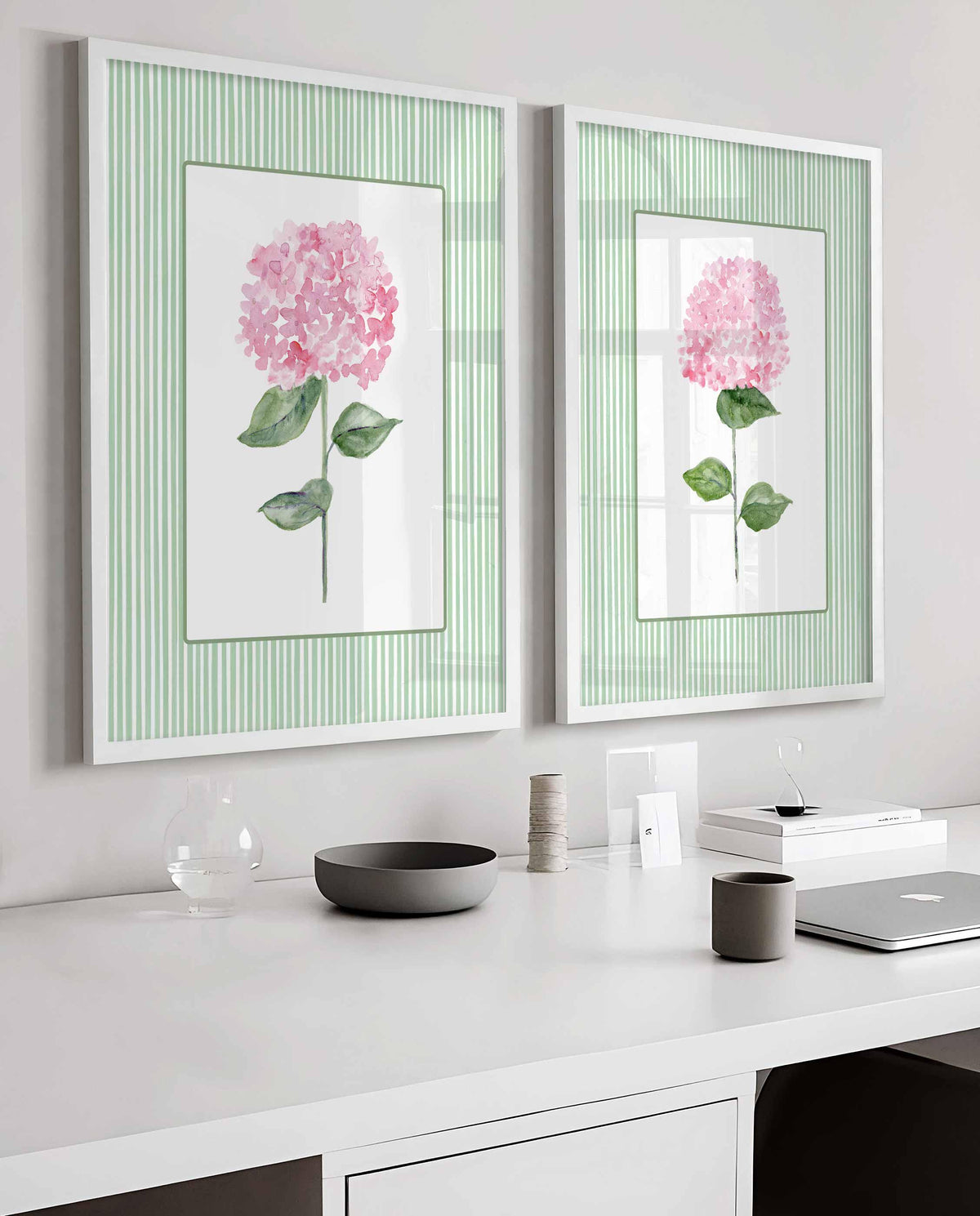 Pink Green Hydrangea Wall Art, Set of 2 prints, Floral Wall Decor, Girl bedroom Decor, Botanical Flower Painting, Stripes Grand Millenial