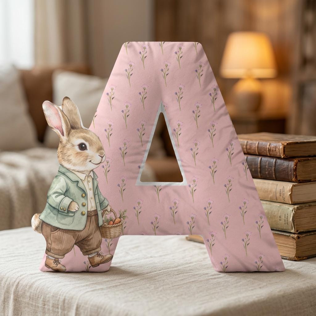 Cojín con inicial personalizada, decoración de guardería para niña rosa, cojín de conejo, guardería estilo cottagecore, cojín con letra, regalo de primer cumpleaños, regalo para recién nacido Imagen secundaria del producto
