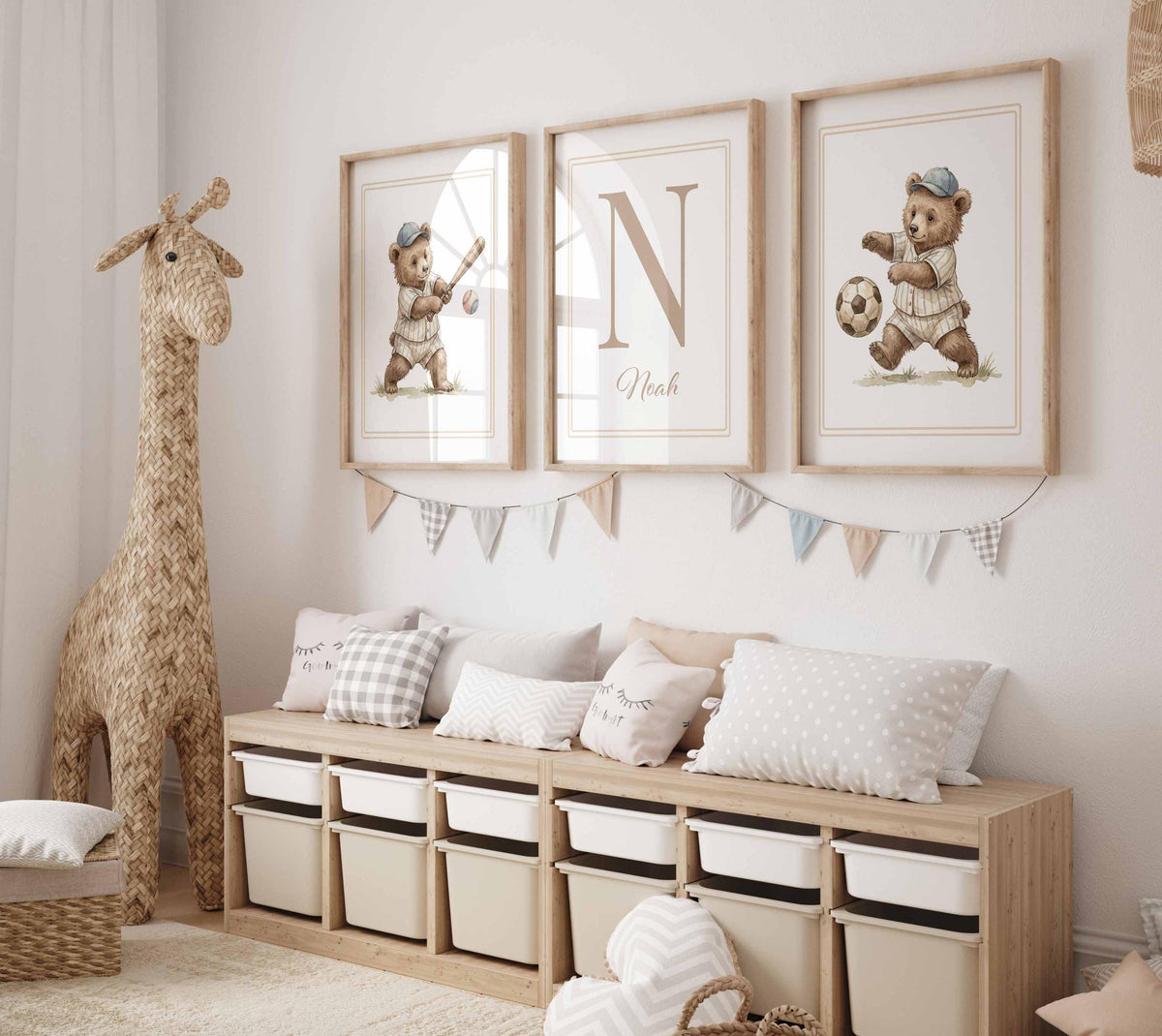 Vintage Teddy Bear Nursery, Custom Name Prints, Set of 3 Boy Nursery Printable, Kids Sporting Wall Art