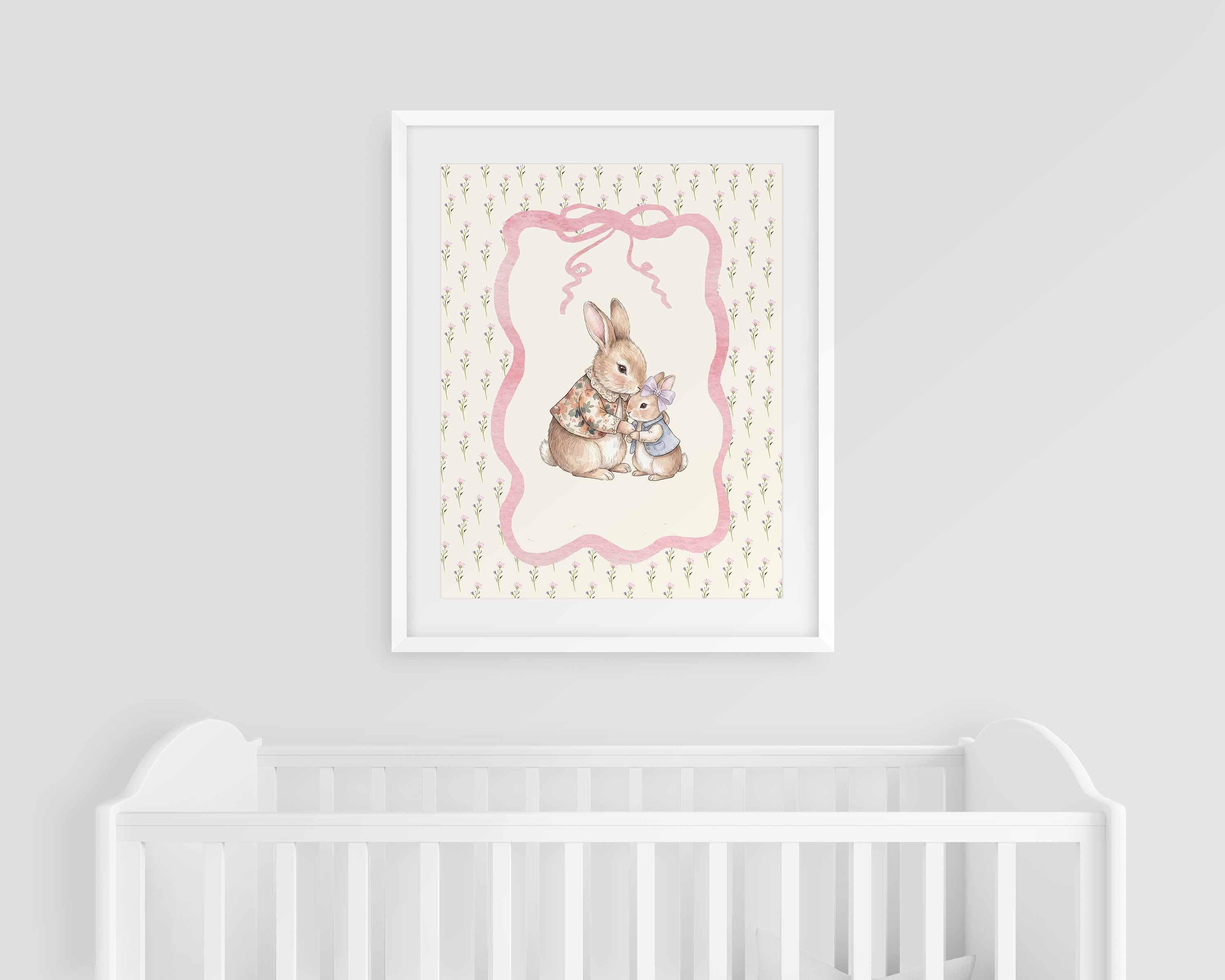 Lámina vintage de conejitos para guardería, arte de pared de madre y bebé conejo, decoración vintage para guardería, arte estilo cottagecore para habitación de niña, imprimible de colección Imagen secundaria del producto