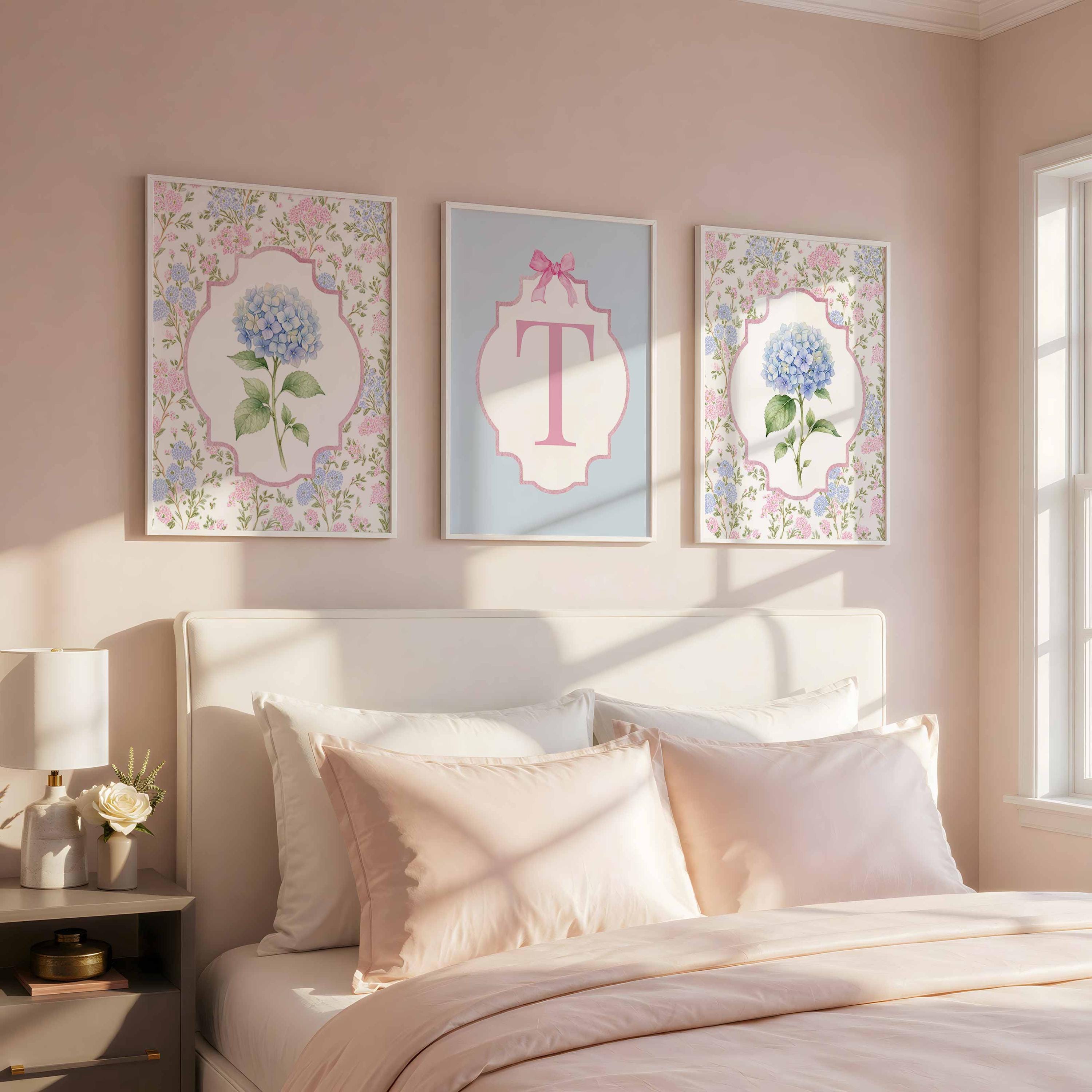 Arte de pared personalizado para habitaciones, láminas florales para cuarto de bebé, letra inicial para niña, juego de láminas con monograma, dormitorio adolescente, póster de hortensias Imagen secundaria del producto