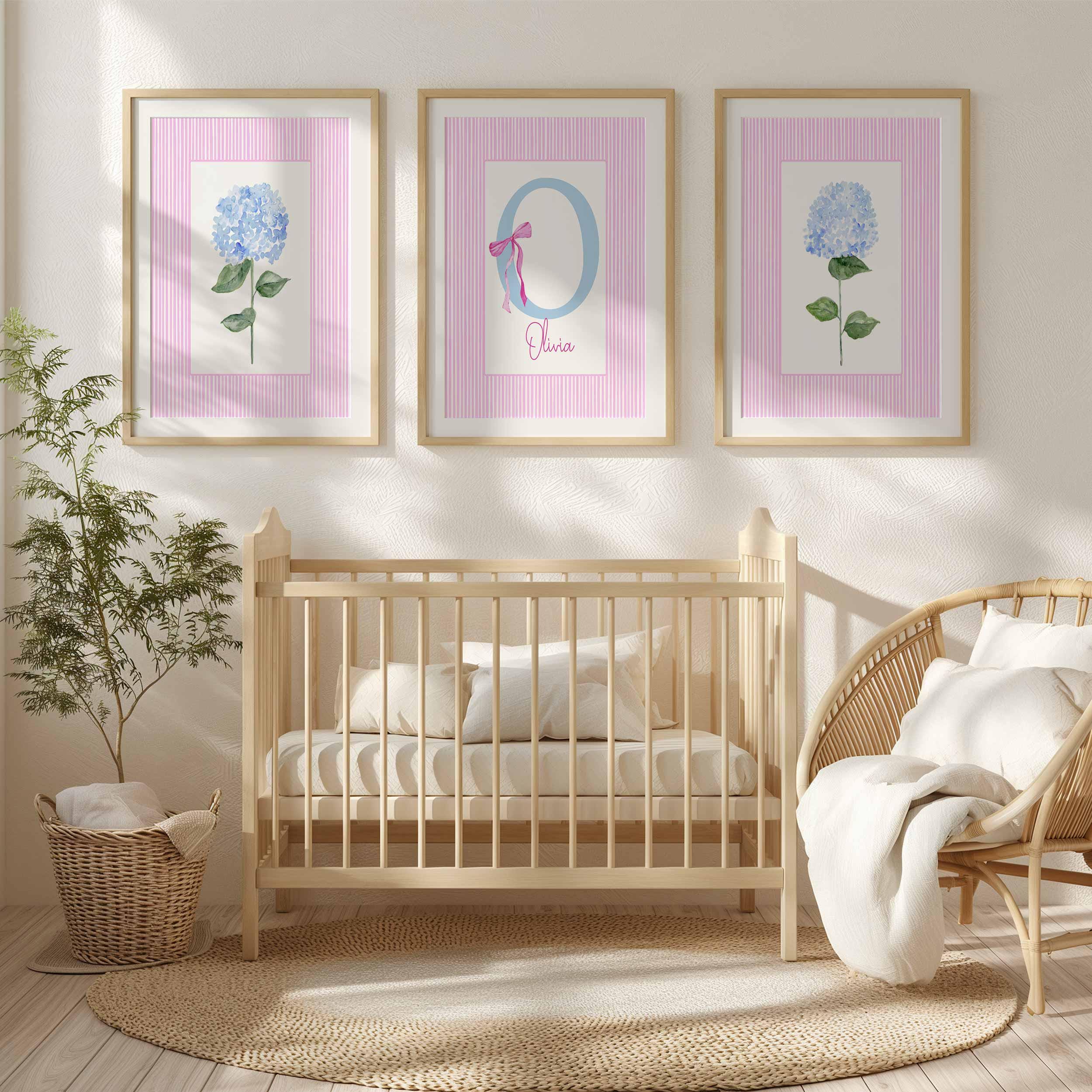 Arte de pared personalizado para dormitorio, láminas florales para cuarto de bebé, letrero con nombre de niña, conjunto de láminas con monograma, póster de hortensias para habitación de adolescente o universitaria Imagen secundaria del producto