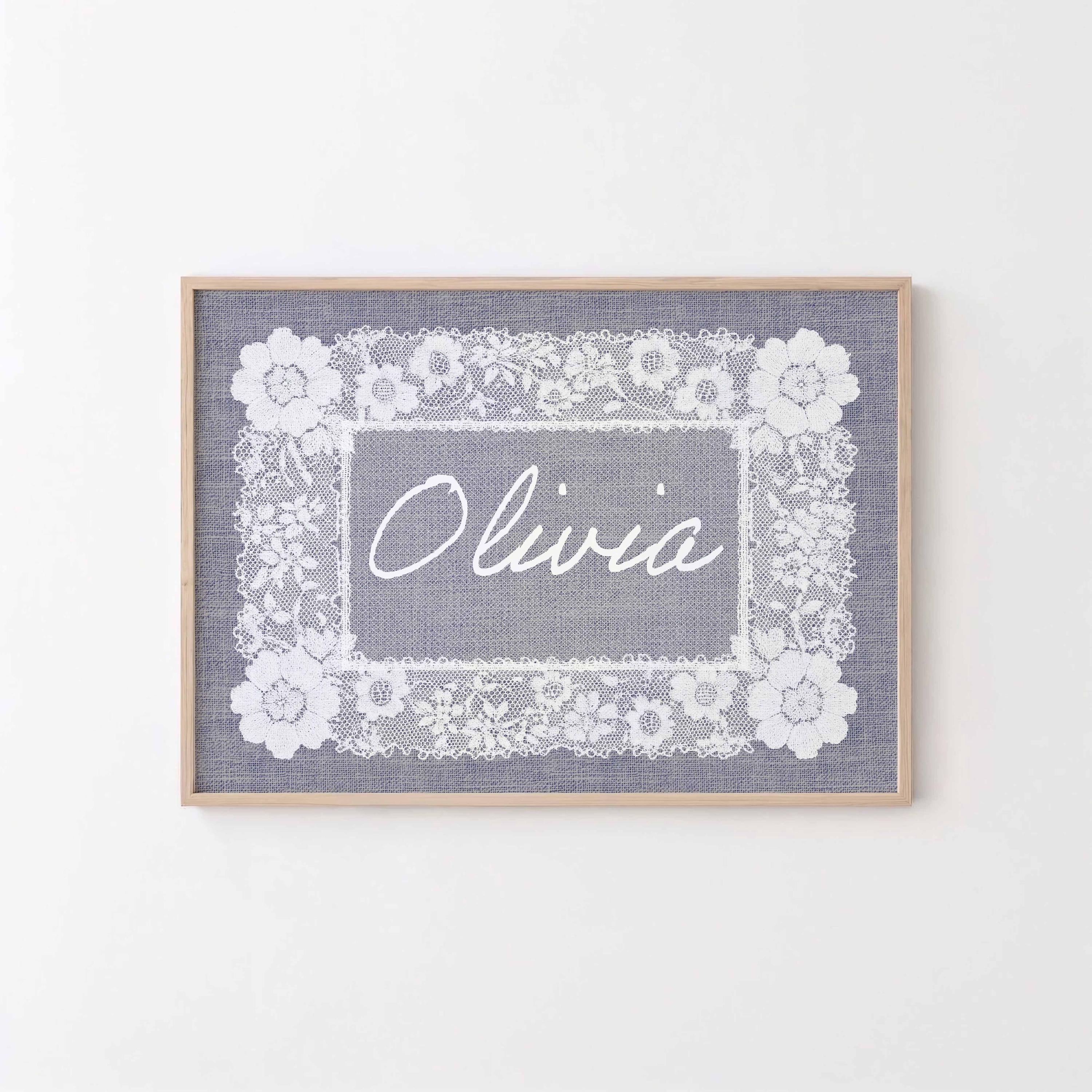 Decoración personalizada para guardería, patrón de tapete personalizado, nombre para guardería con encaje azul, letrero vintage con nombre de bebé, impresiones digitales de arte de pared cottagecore Imagen secundaria del producto