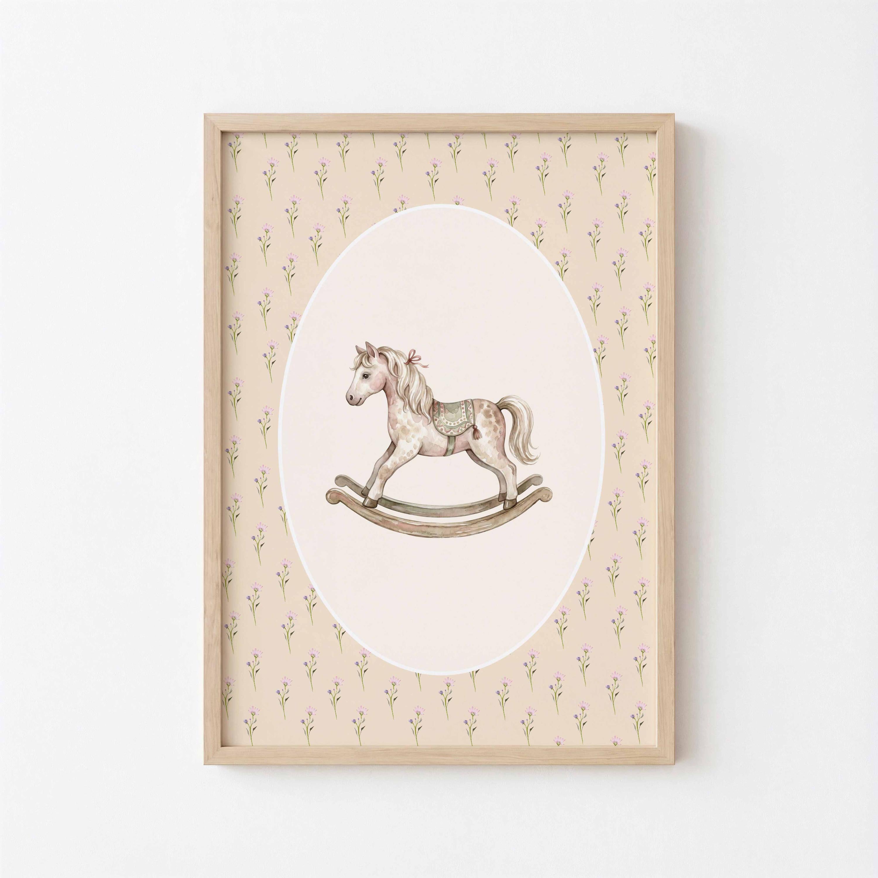Affiches pour chambre de bébé fille, impression de cheval à bascule pour chambre d'enfant, art mural style cottagecore pour fille, illustration imprimable héritage, art mural jouet cheval vintage Image secondaire du produit