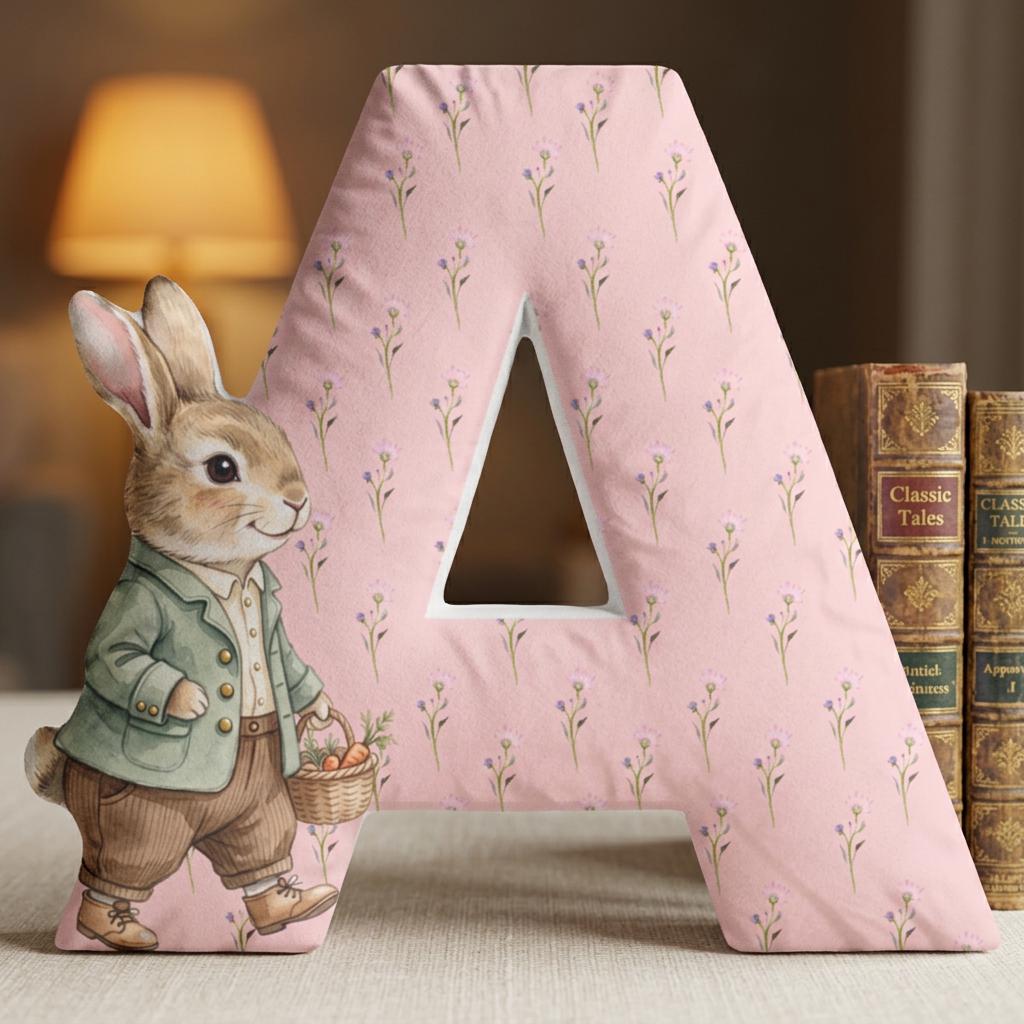 Pink letter A pillow with a painted rabbit in a green jacket Imagen principal del producto