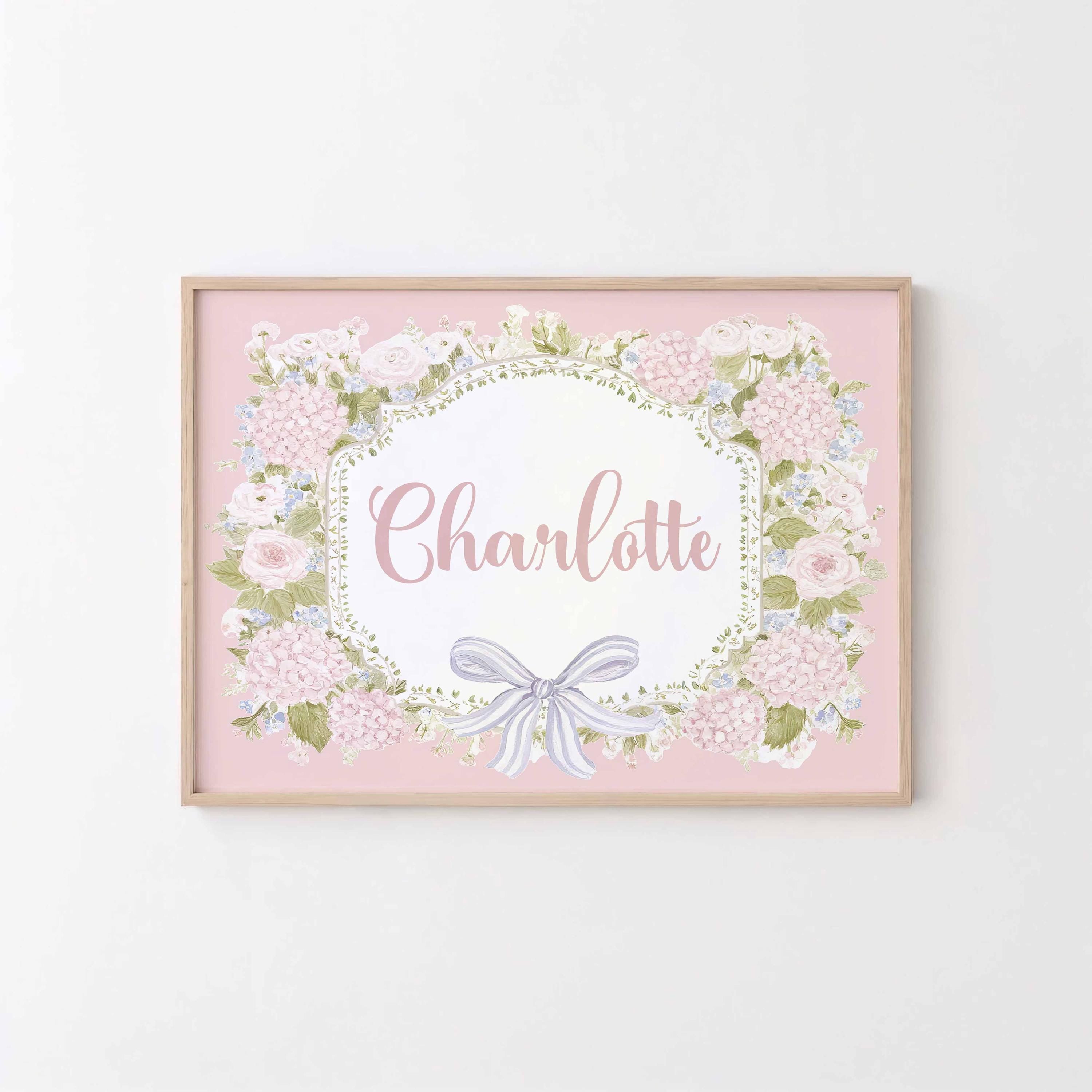 Lámina personalizada con nombre para habitación de niña, decoración floral de pared, marco con lazo de hortensias, regalo de cumpleaños para niña, letrero para habitación rosa empolvado, estética coquette Imagen secundaria del producto
