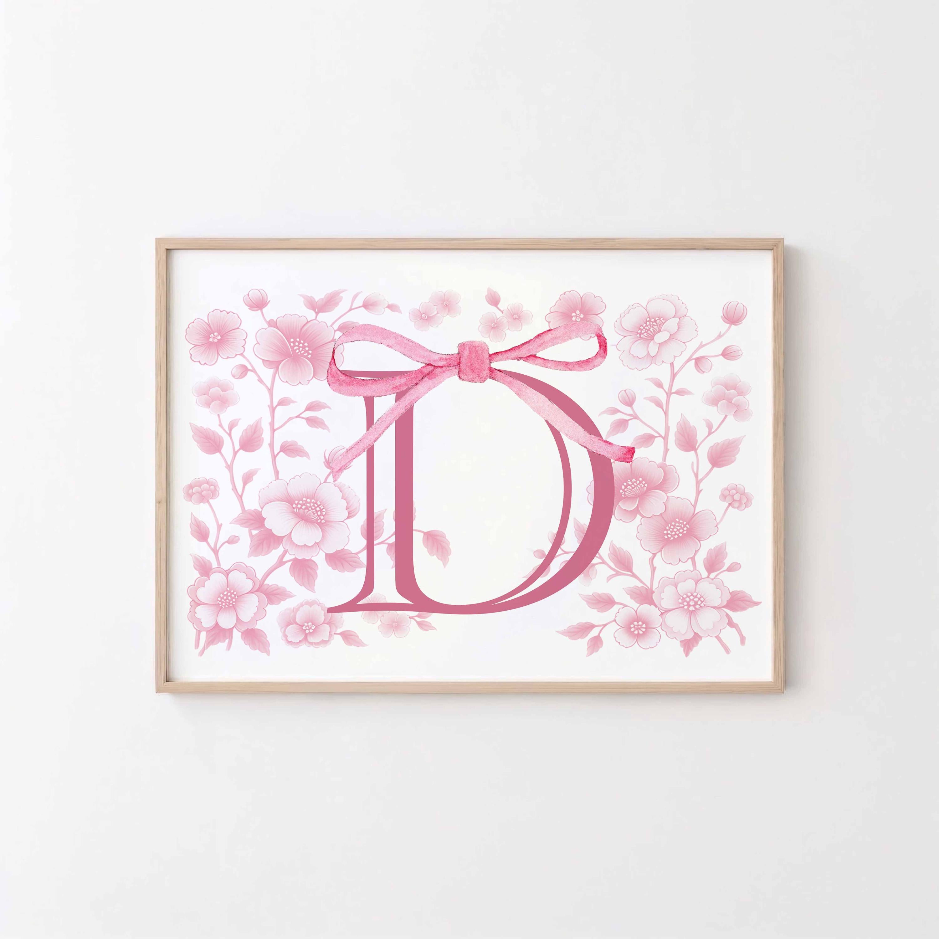 Lámina personalizada con nombre y lazo, arte con inicial, decoración para habitación de niña, imprimible para colocar sobre la cuna, arte de pared personalizado estilo chinoiserie rosa Imagen secundaria del producto